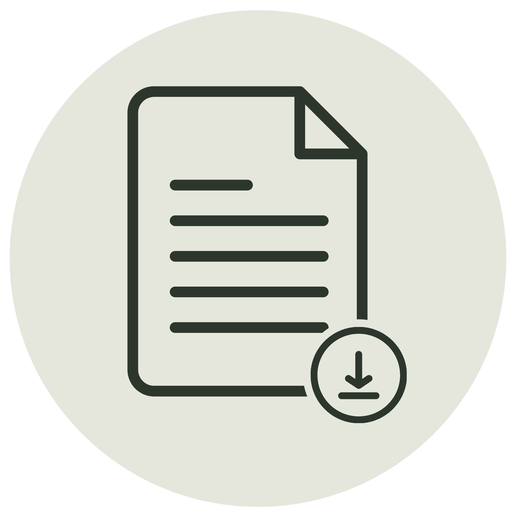 Minimalist line icon of a document with a download arrow on a light grey circle, representing downloadable resources.
