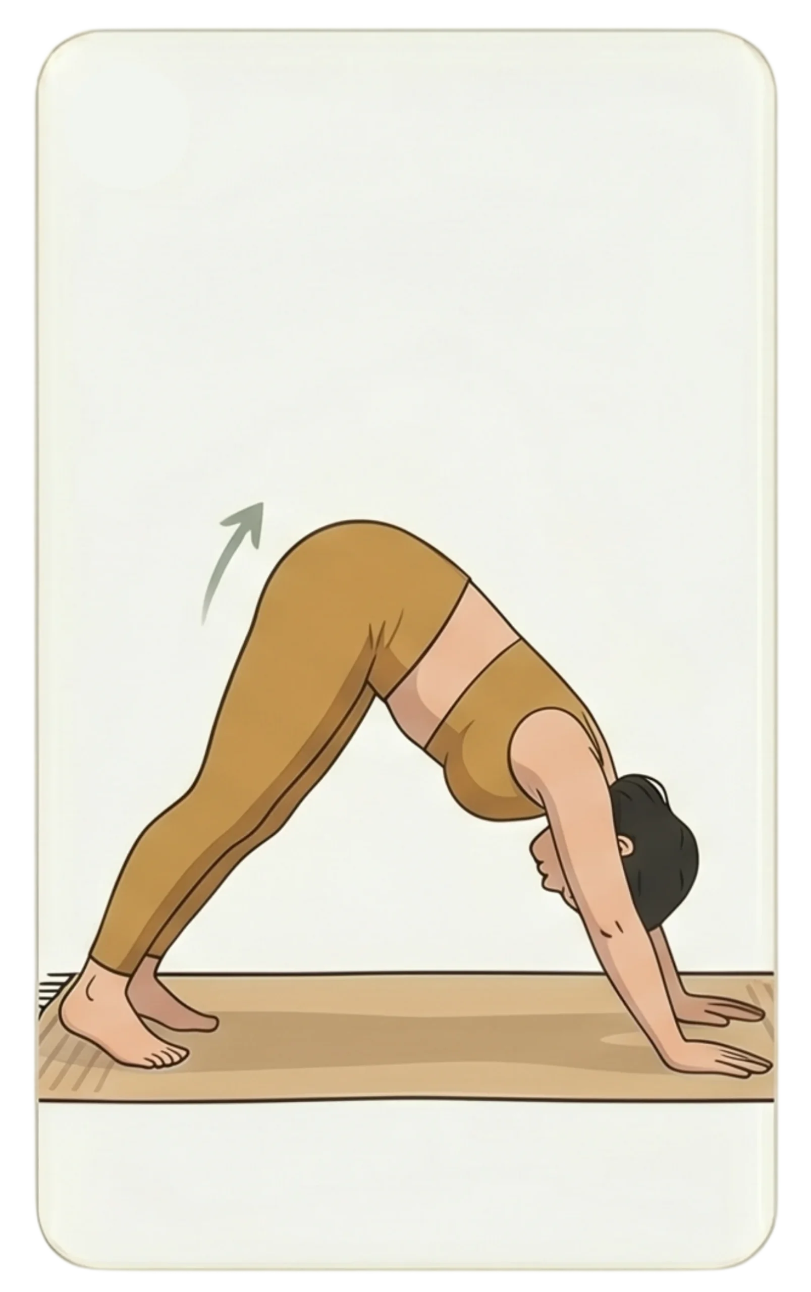 Illustration of a woman performing the downward-facing dog yoga pose on a mat, with an arrow pointing up at her hips.
