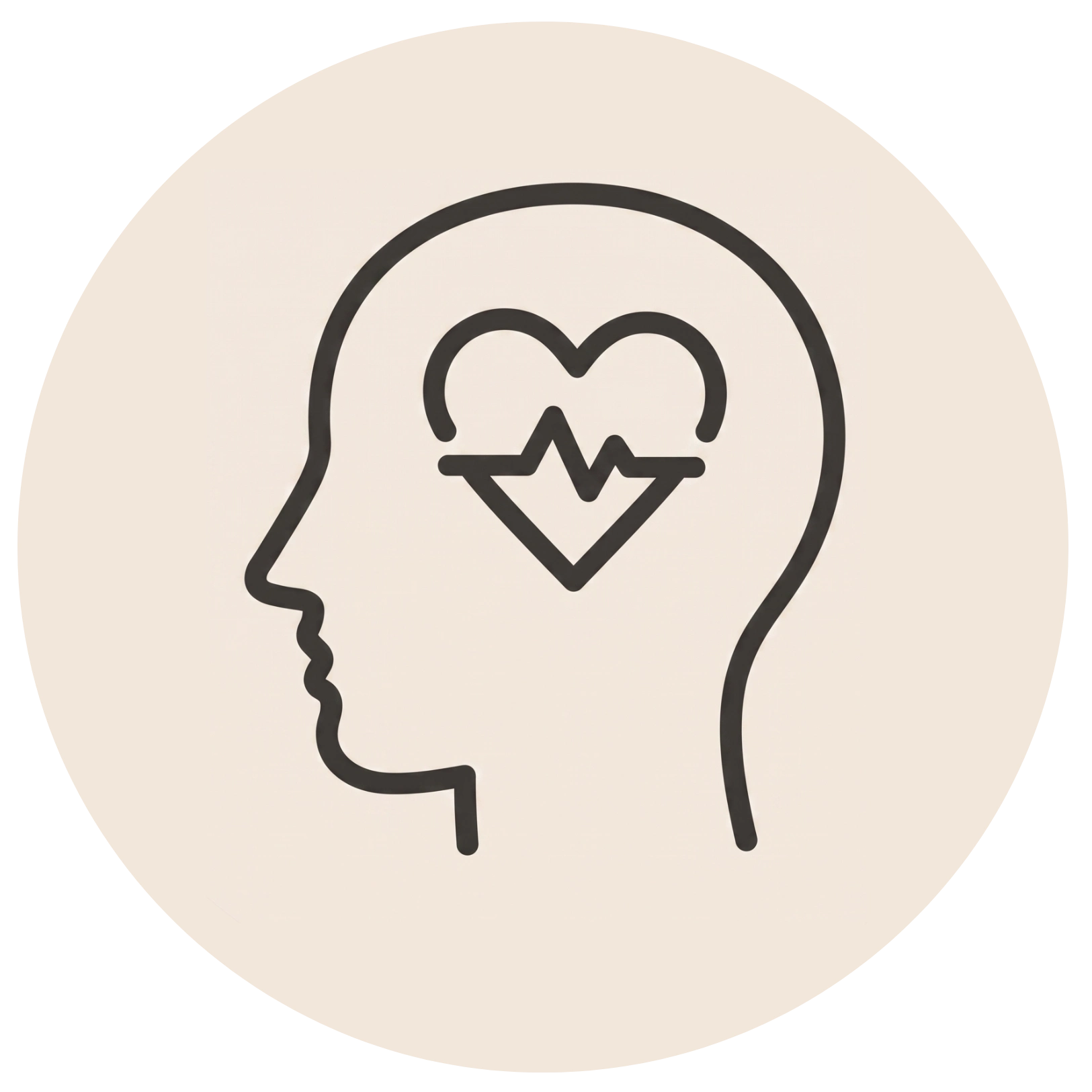 Line icon of a head profile with a heartbeat inside a heart, representing emotional wellness and mental health.