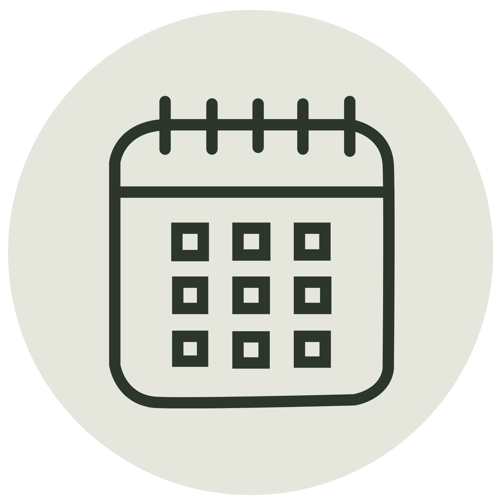Minimalist line icon of a calendar on a light grey circle, representing scheduling, dates, or time management.