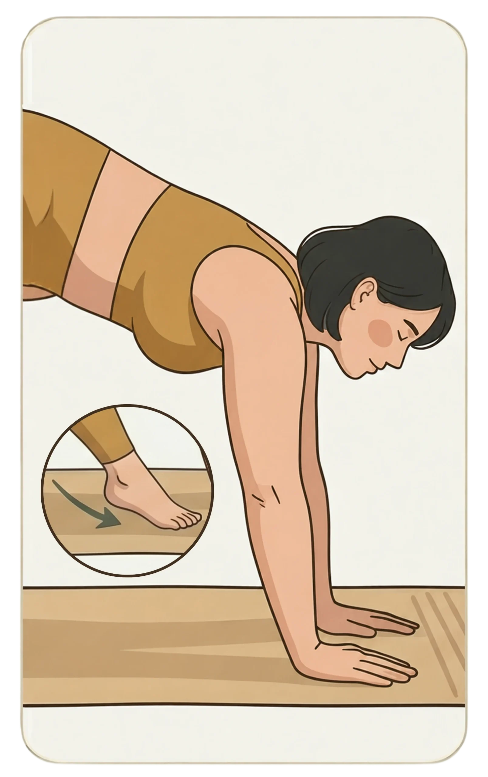 Illustration of a woman in a plank or yoga pose with an inset diagram showing proper flat foot placement on a mat.