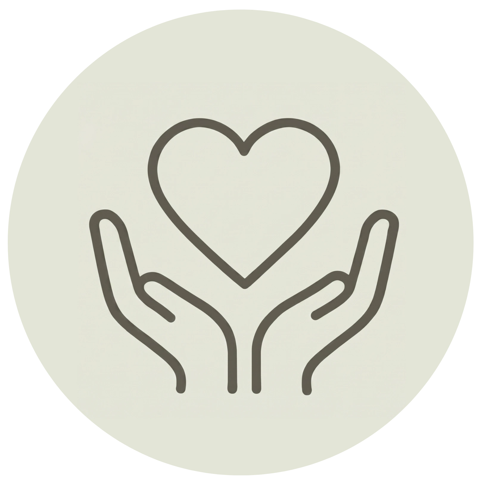 Minimalist icon of two hands holding a heart, showcasing emotional support and positive mental health care in a sage circle.
