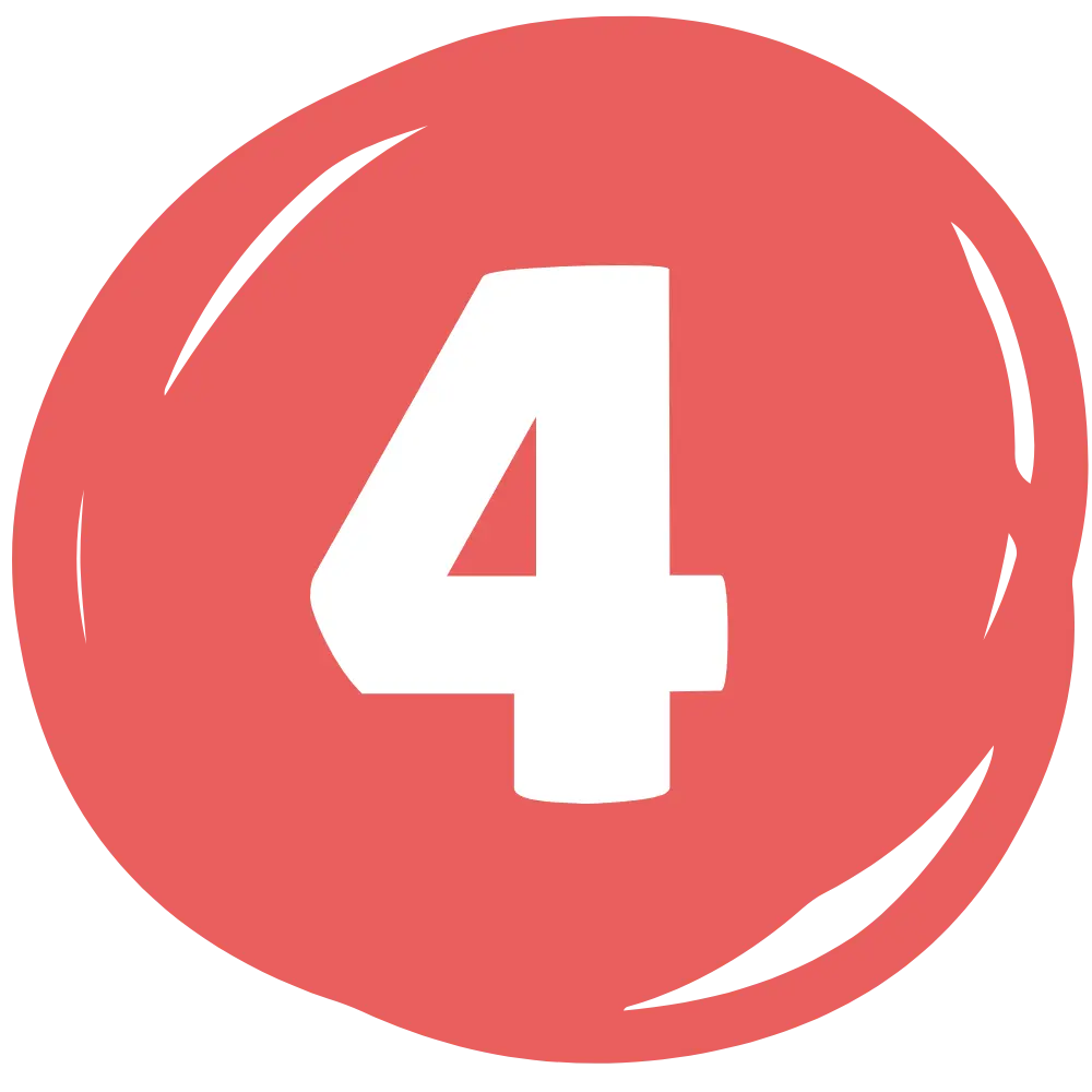 This is a minimalist graphic featuring a bold white numeral "4" centered within a bright red, slightly irregular circular shape. The circle includes subtle, stylized white brushstroke highlights along its edges to give it a hand-drawn or button-like appearance.
