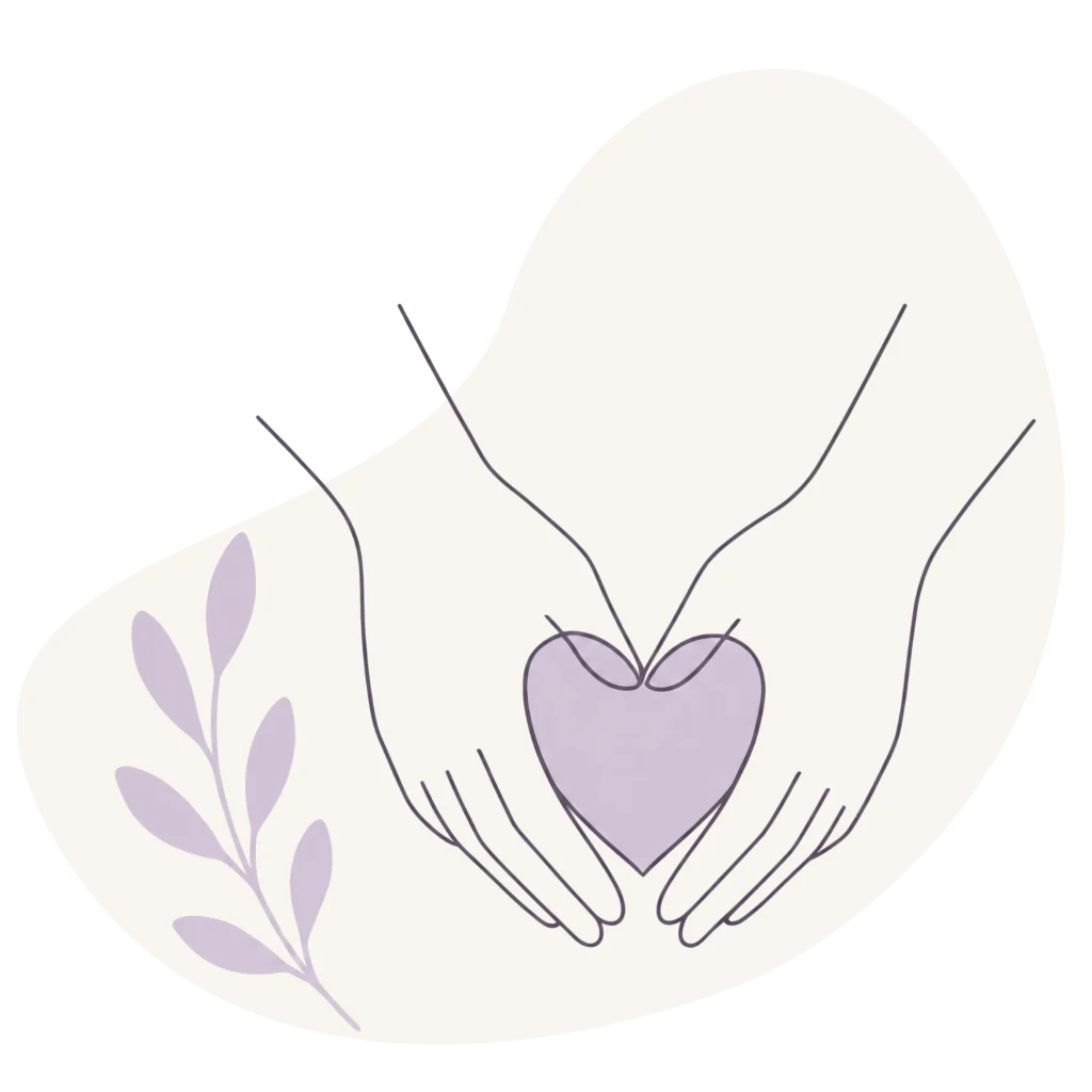 Minimalist line art of hands framing a purple heart, with a leafy branch on an off-white shape and black background.