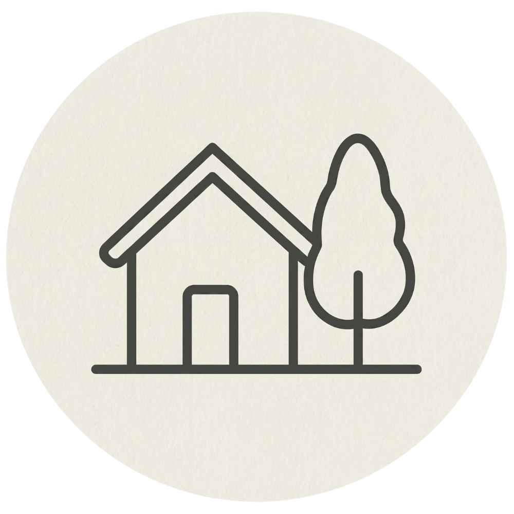 Minimalist line icon of a house and tree, representing a safe home environment for positive mental health.
