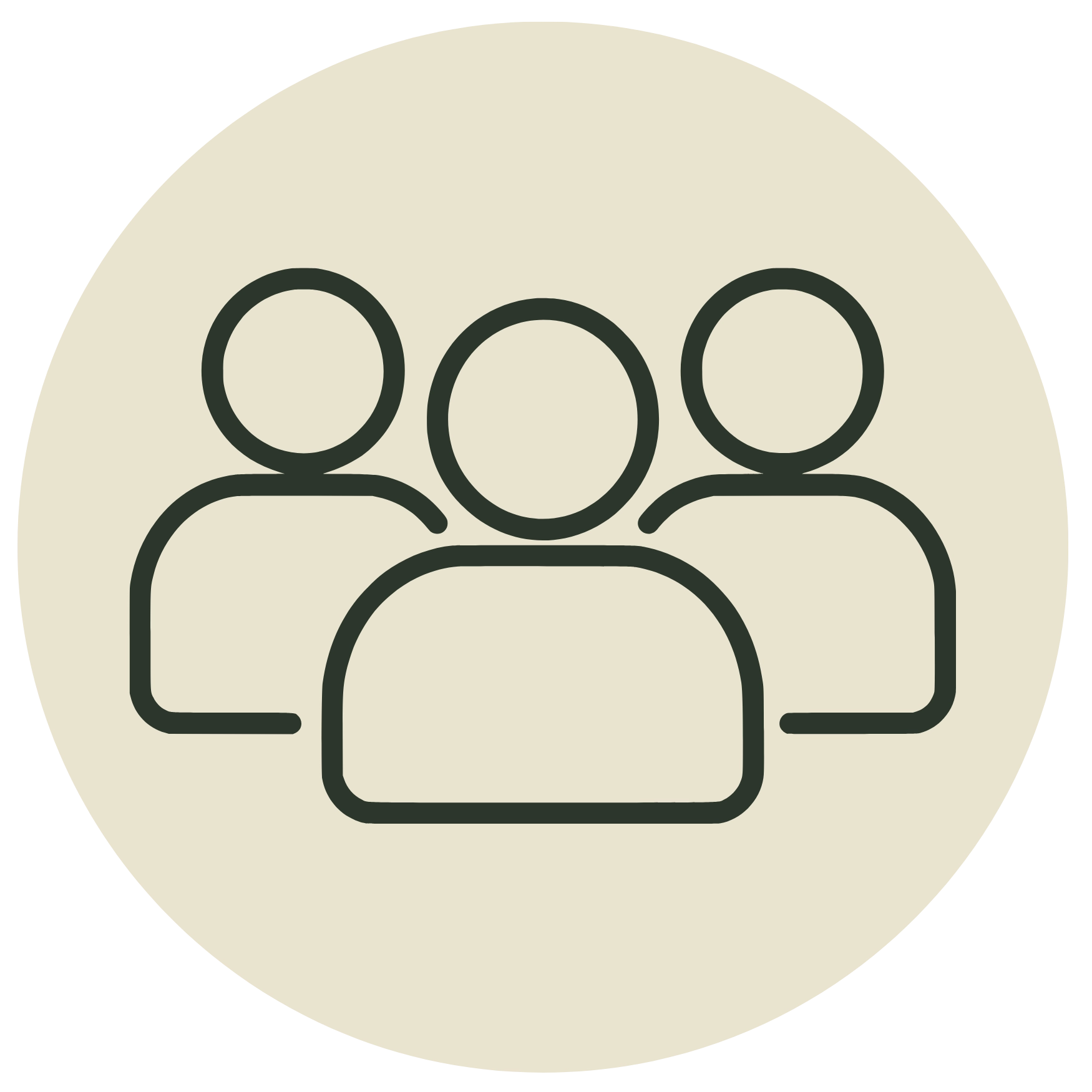 Minimalist line icon of three people silhouettes grouped together on a beige circular background, representing community, teamwork, or a social group.