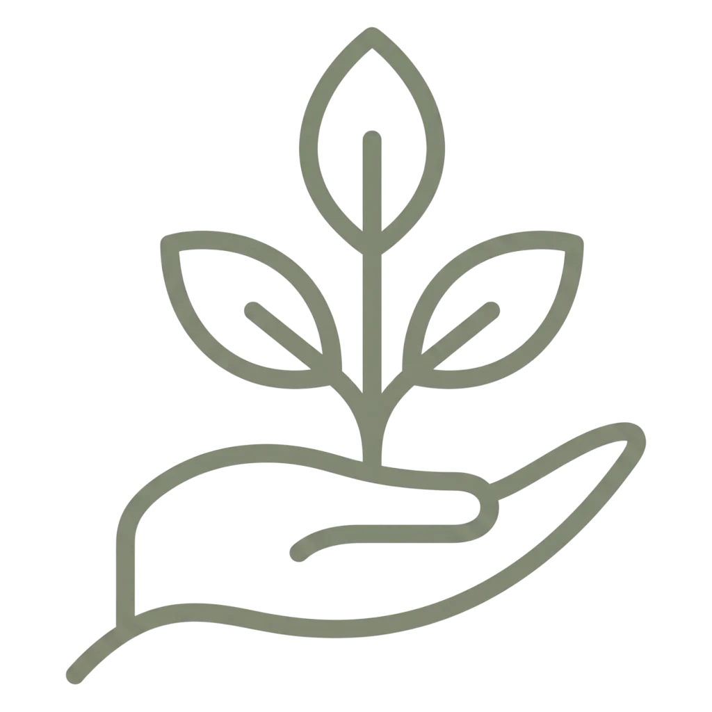Minimalist line icon of a small plant with three leaves growing out of an open hand, rendered in a muted green outline.