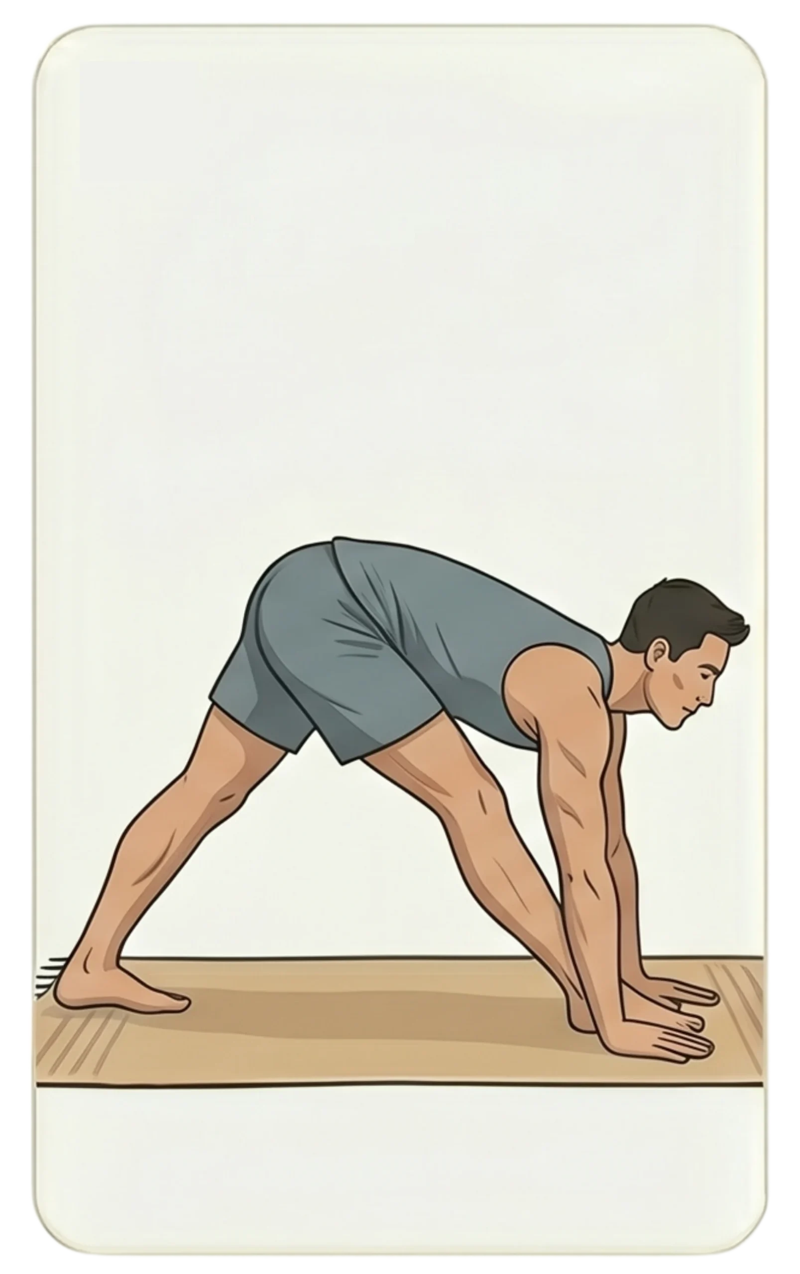Illustration of a man stretching forward over a straight leg in the pyramid yoga pose (Parsvottanasana) on a mat.