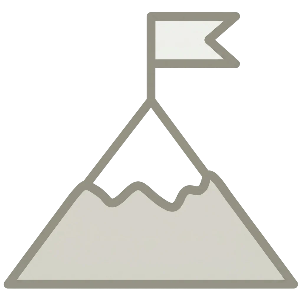 Minimalist line icon of a mountain peak with a small flag planted at the very top, rendered in a muted gray outline.