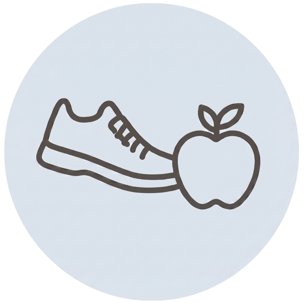 Line icon of a sneaker and an apple, representing physical fitness and nutrition habits for better mental health.