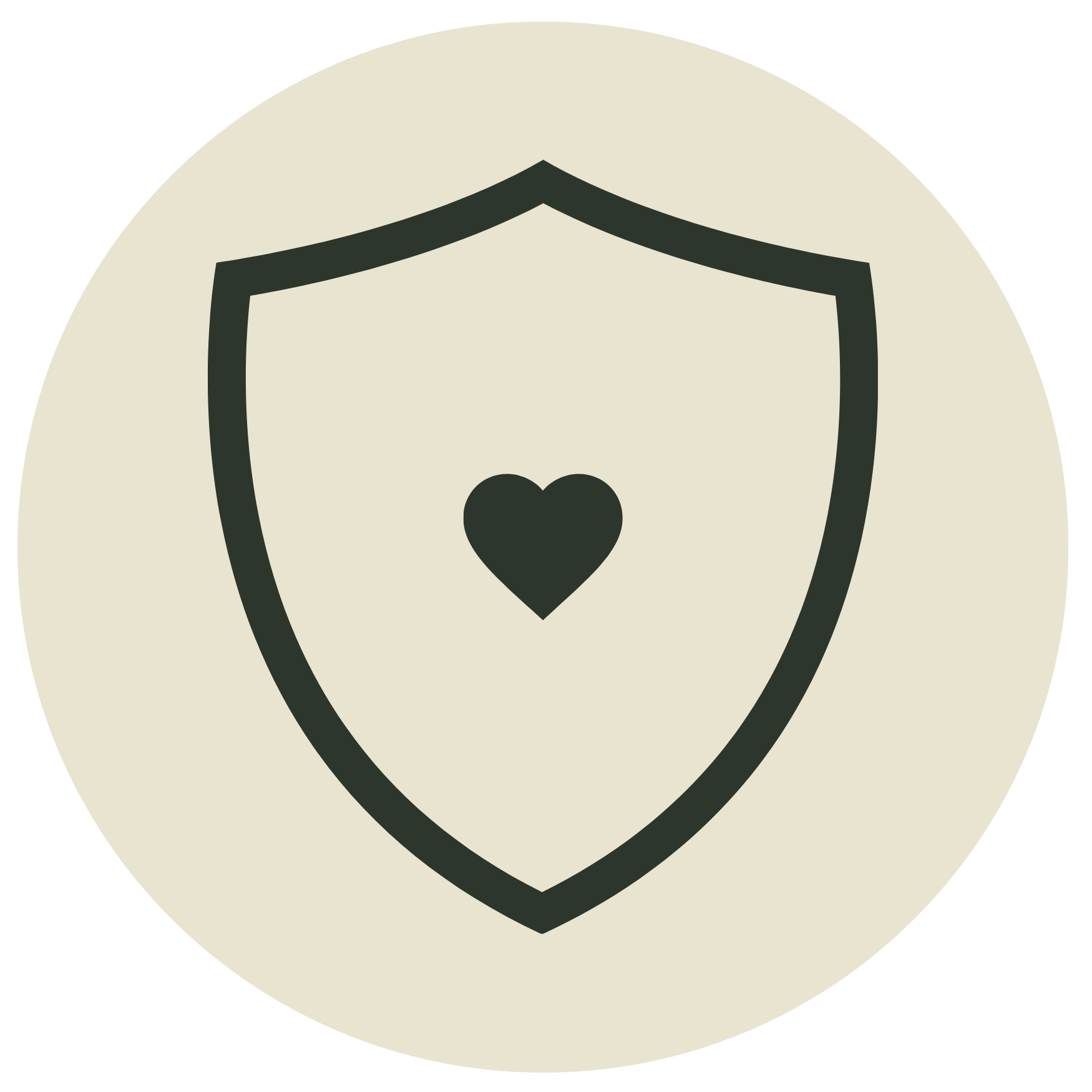 Minimalist line icon of a shield containing a small heart in the center on a beige circular background, representing emotional protection, safety, or self-care.