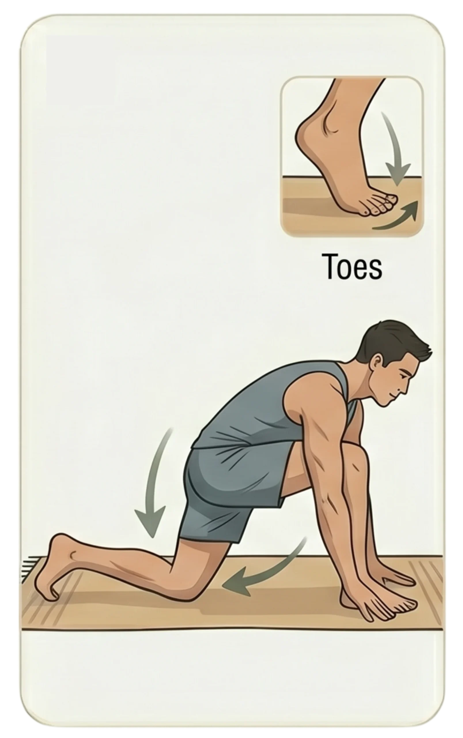 Illustration of a man in a low lunge yoga pose, with an inset diagram demonstrating proper tucked toes placement.
