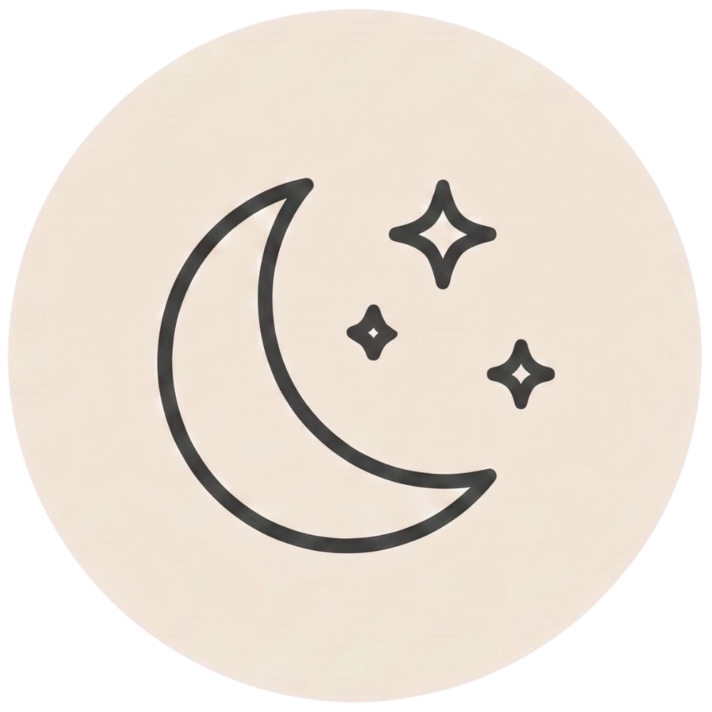 Minimalist line icon of a crescent moon and stars, representing healthy sleep hygiene and evening relaxation routines.