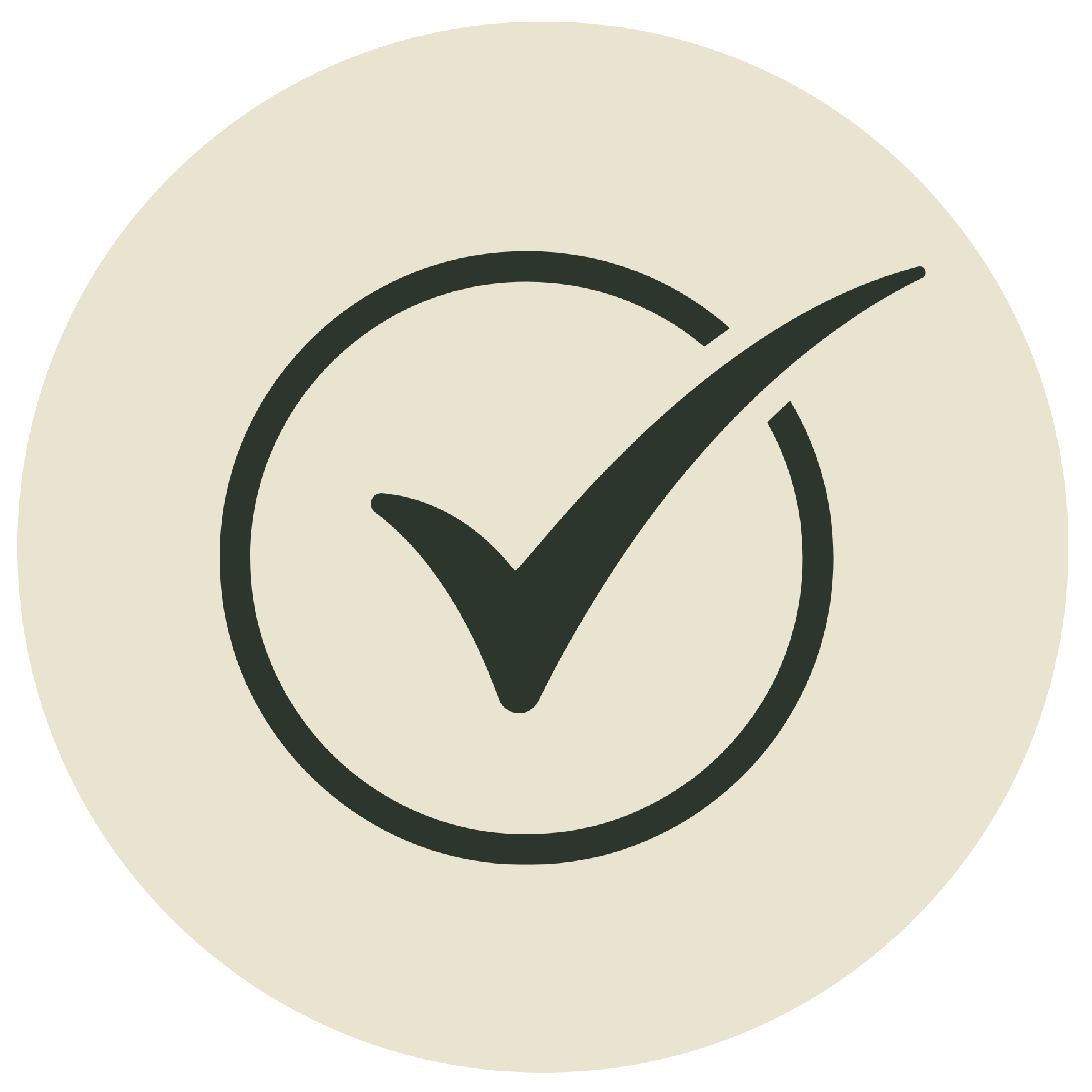Minimalist line icon of a checkmark inside a circle on a beige background, representing completion, approval, or validation.