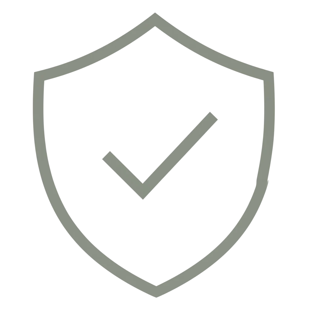 Minimalist line icon of a checkmark inside a shield, rendered in a muted green outline against a solid black background.