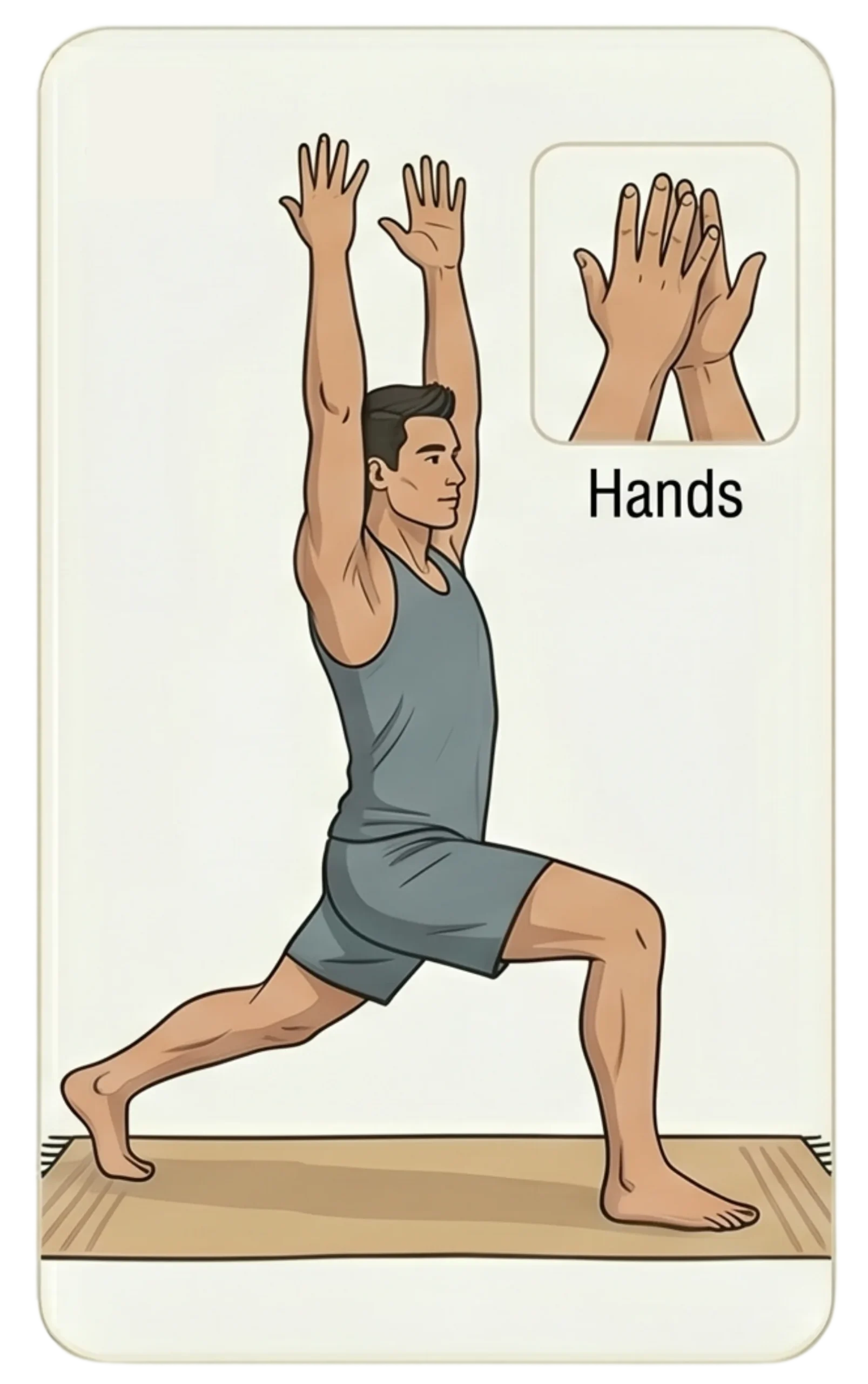 Illustration of a man in a high lunge yoga pose with an inset diagram showing raised hands facing inward.