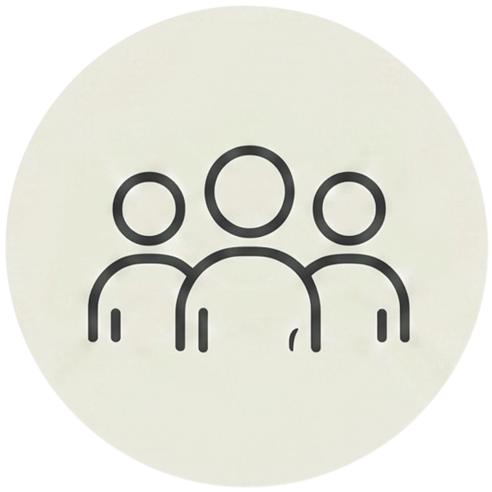 Minimalist line icon of three people, representing community support, social connection, and group teamwork.