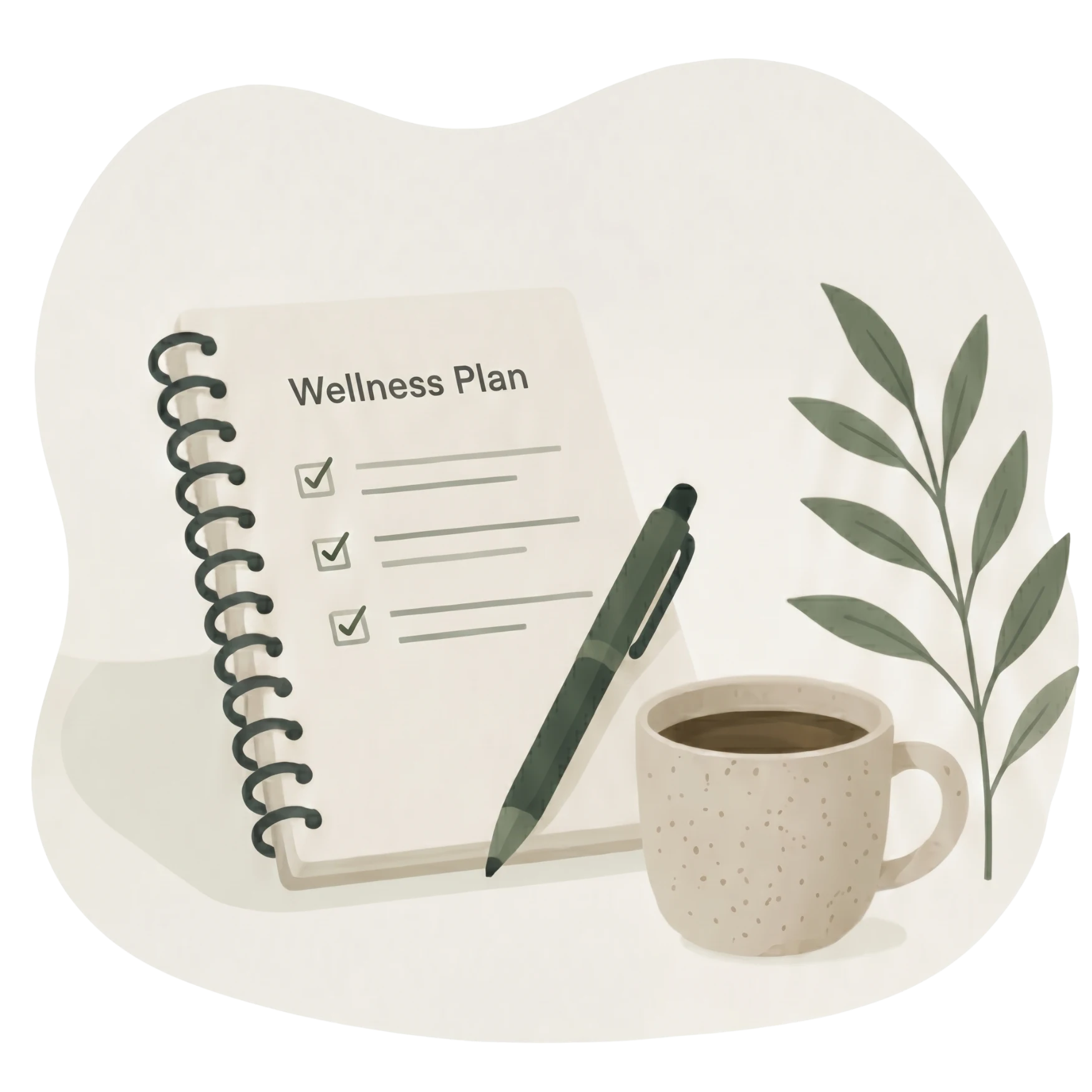 Minimalist line illustration of a wellness plan notebook with a pen, ceramic coffee mug, and a leafy branch, representing an online mental health class.