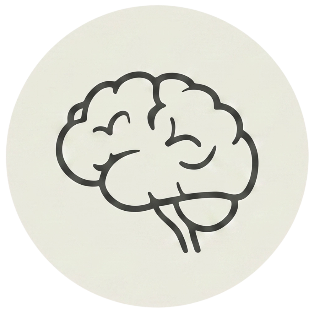 Minimalist line icon of a human brain on a circular background, representing cognitive health, mindset, and psychology.