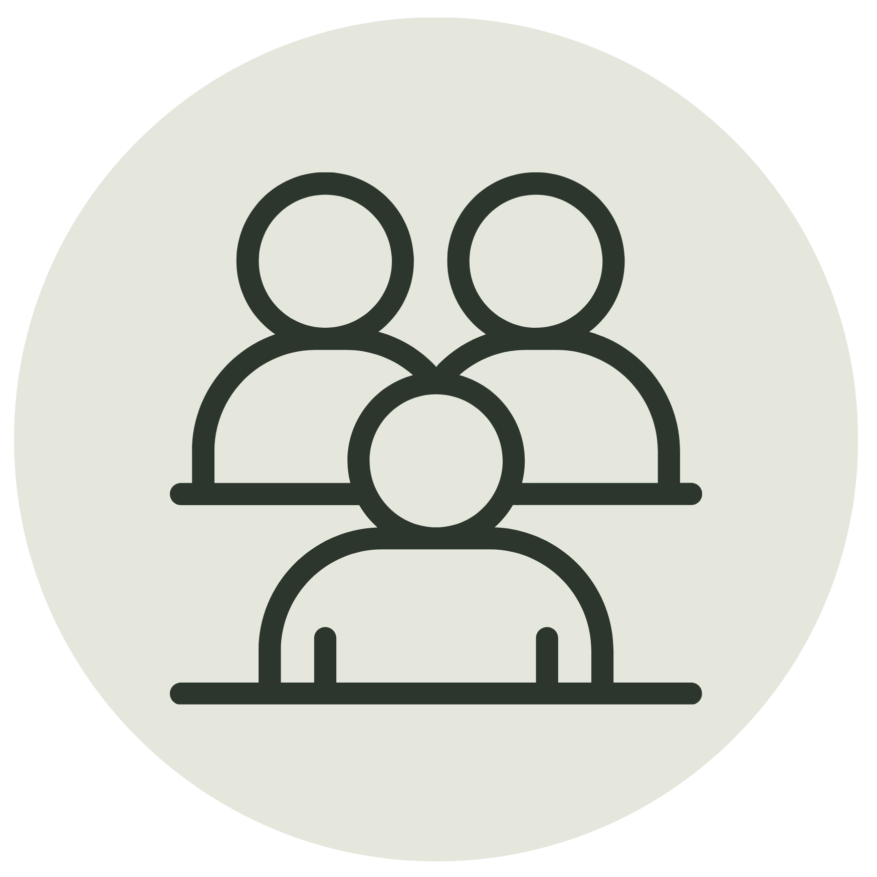 Minimalist line icon of three figures at desks on a light grey circle, symbolizing a study group or workshop.