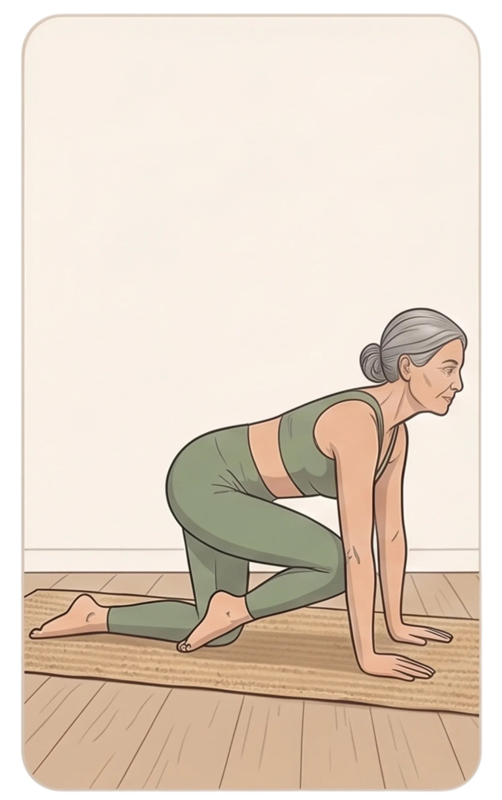 Illustration of a mature woman on all fours bringing her knee toward her chest from a tabletop position on a mat.