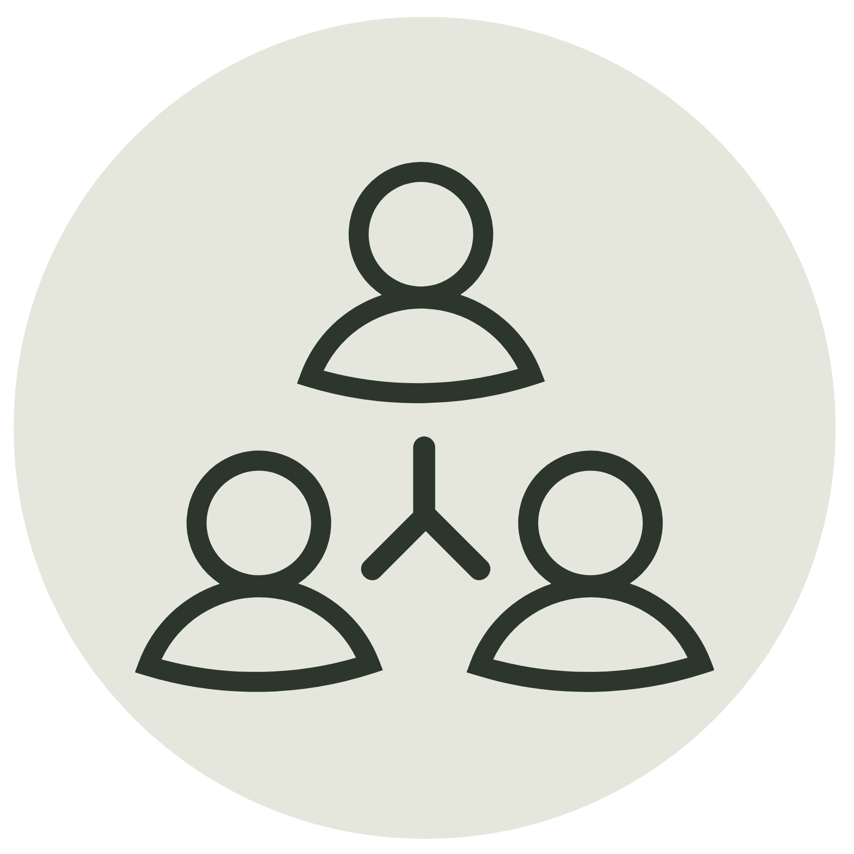 Minimalist line icon of three connected figures on a light grey circle, symbolizing a network, team, or group structure.