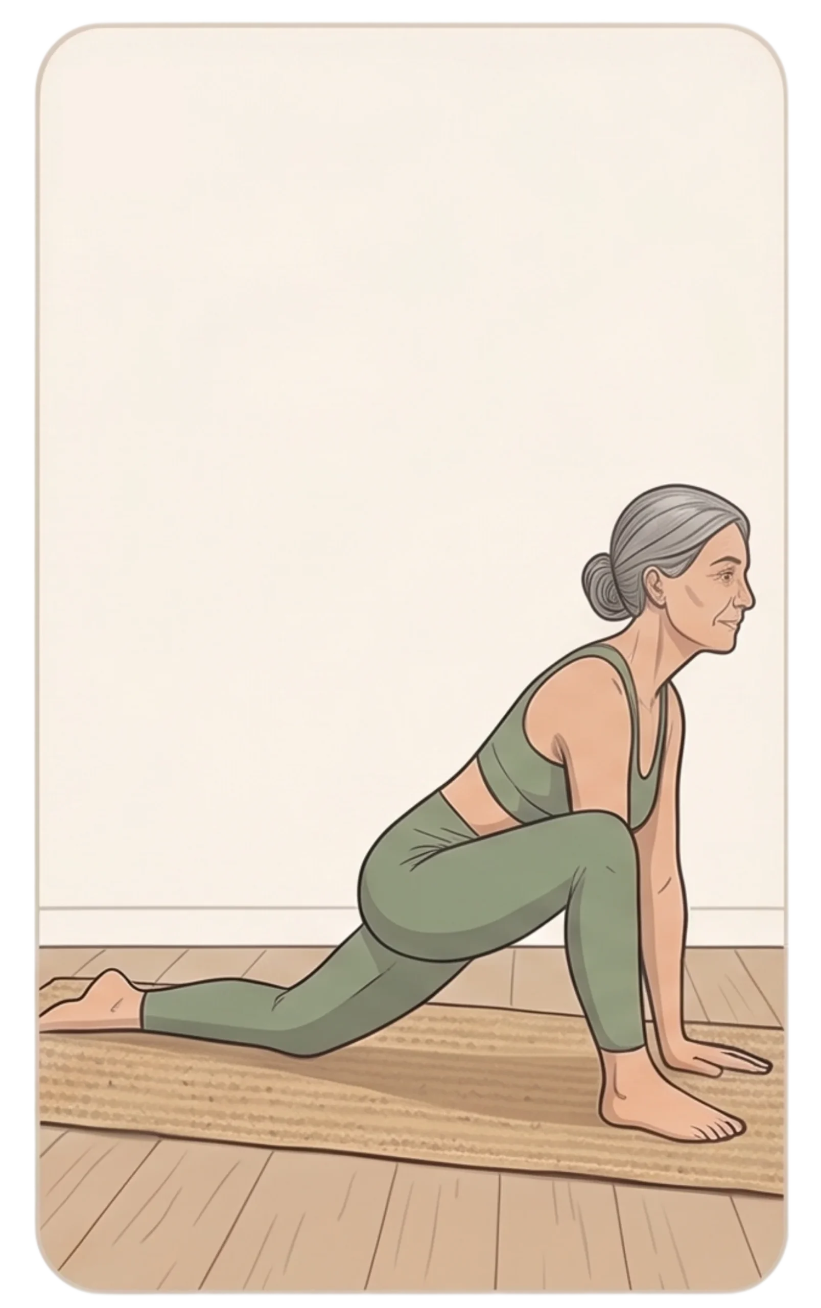 Illustration of a mature woman with gray hair in a low lunge yoga poses on a mat, stretching her hip flexors.
