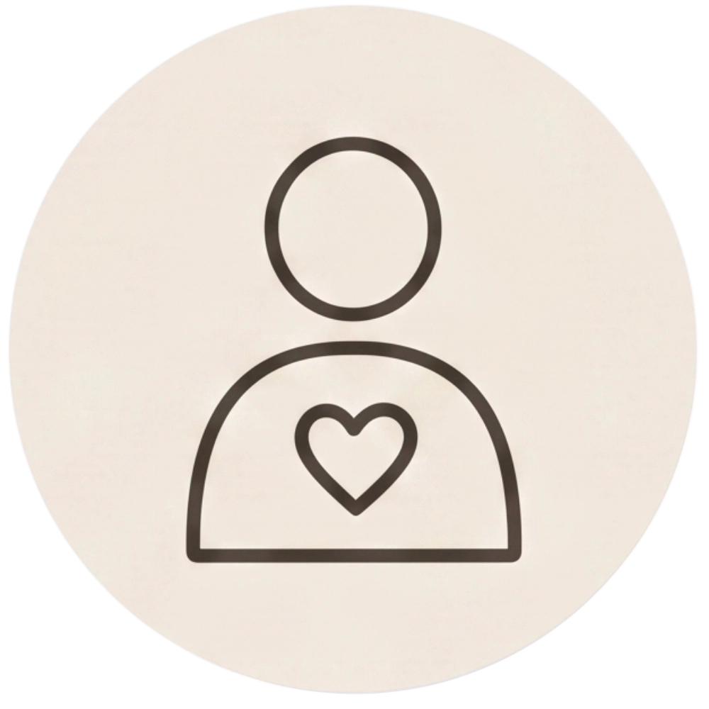 Minimalist line icon of a person with a heart in the center, representing self-care, empathy, and personal wellness.