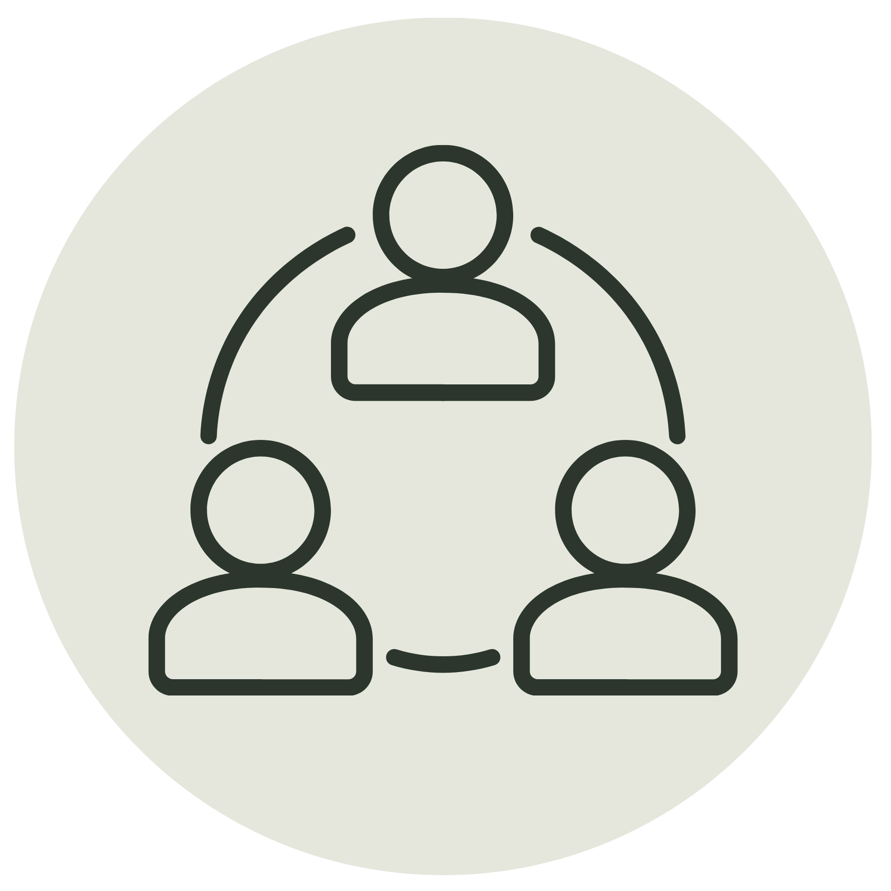 Minimalist line icon of three figures arranged in a circle on a light grey background, representing collaboration.