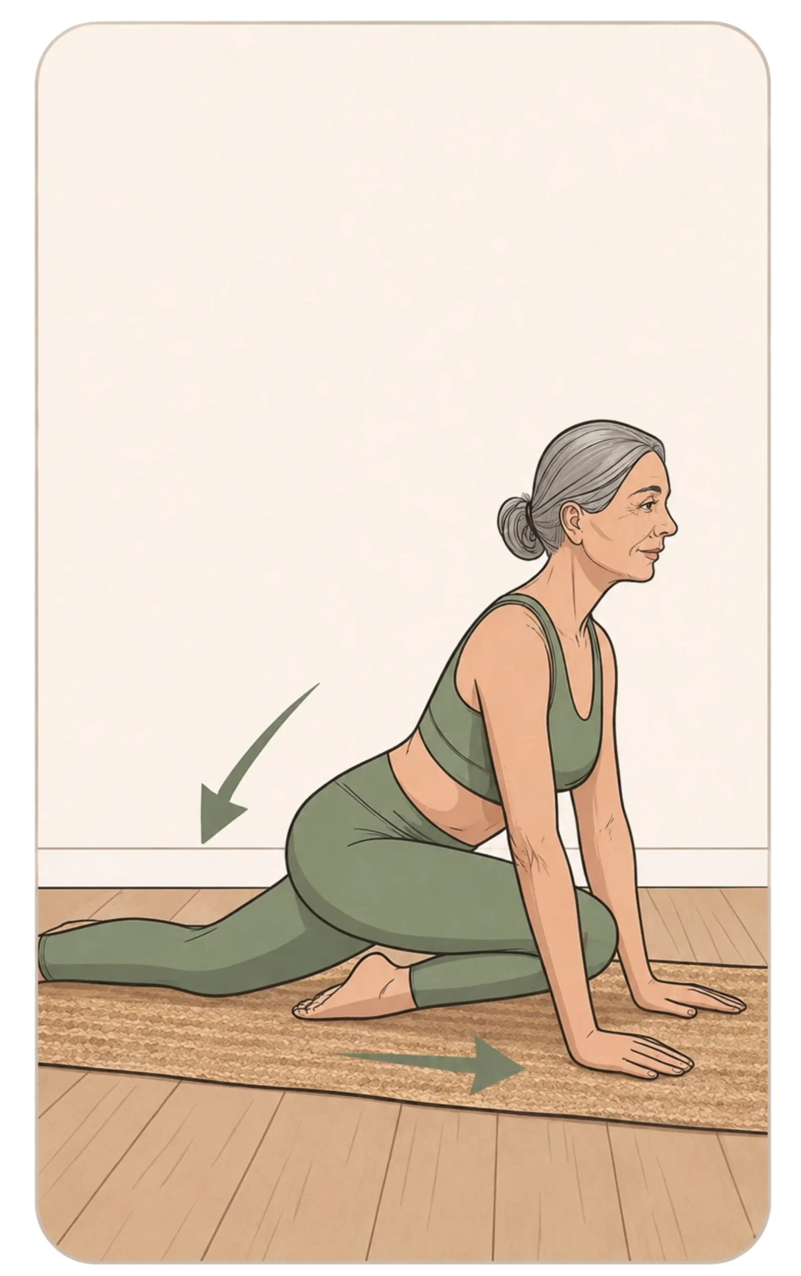 Illustration of a mature woman with gray hair in a pigeon yoga pose stretch on a mat, with directional alignment arrows.