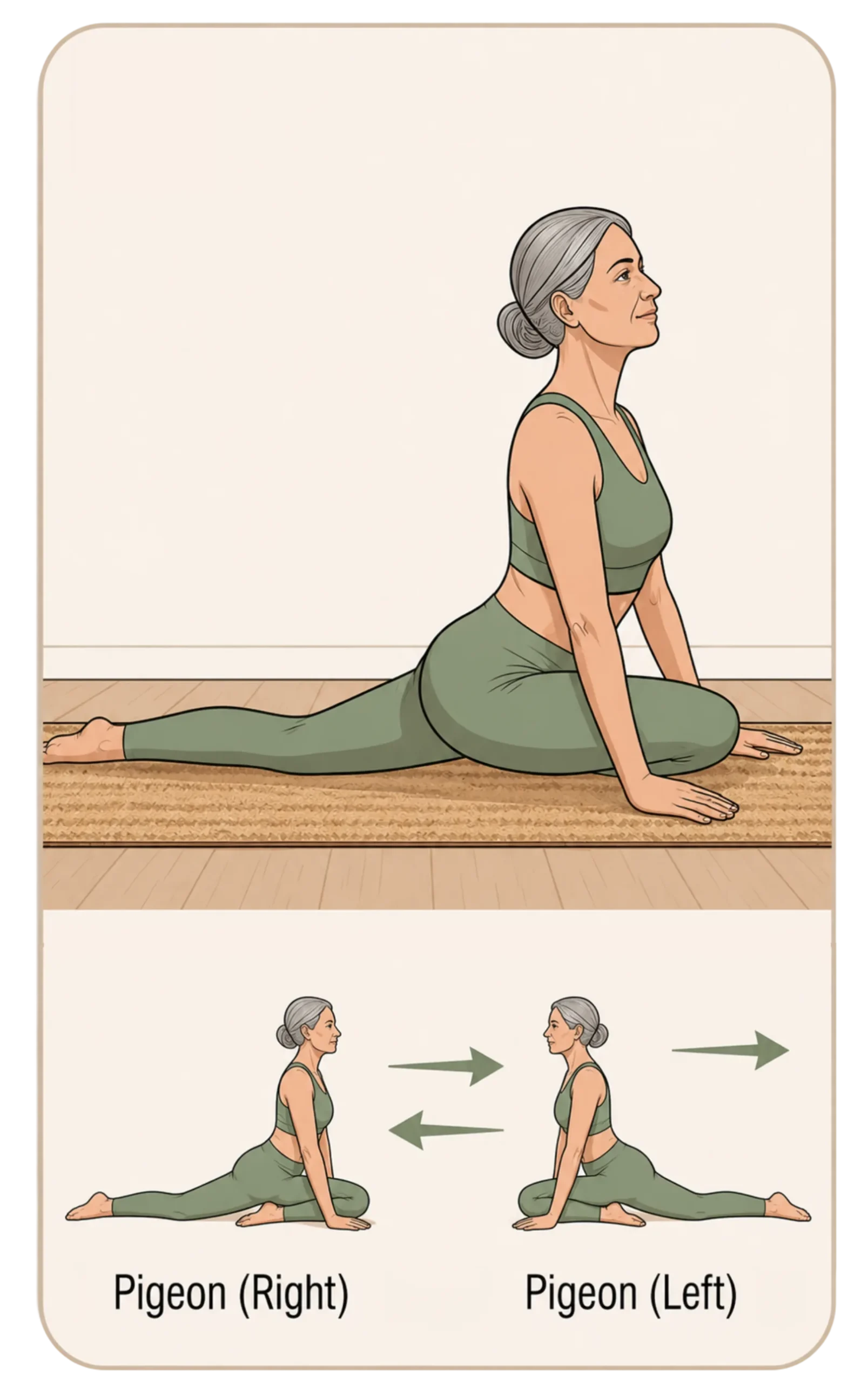 Yoga diagram illustrating pigeon pose on a mat, with a guide showing variations for both the right and left sides.