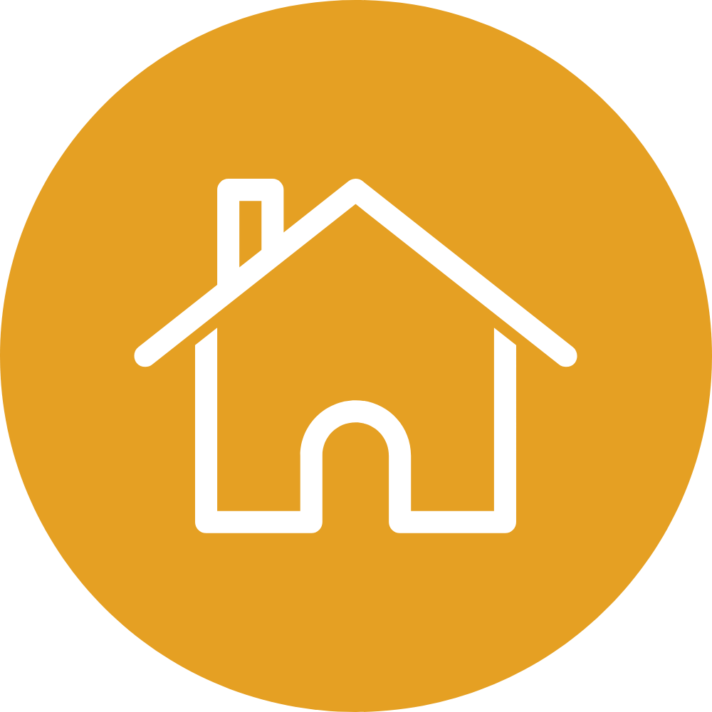 Minimalist graphic featuring a white house outline centered within a vibrant yellow orange circle.
