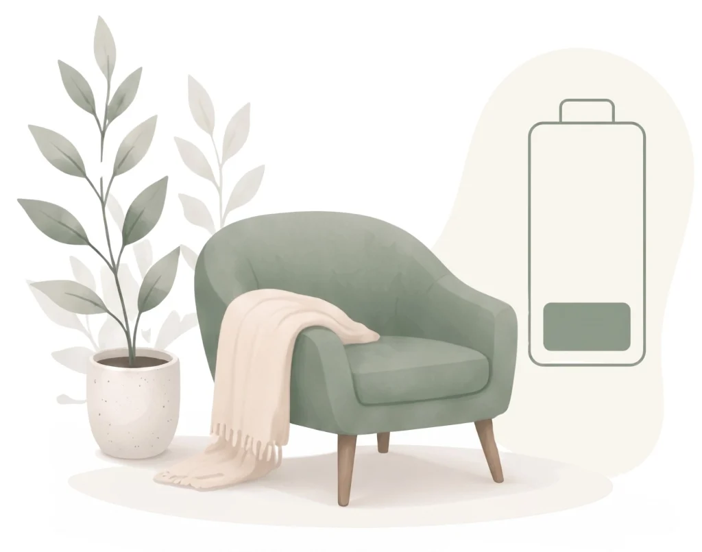 Minimalist watercolor illustration of a cozy green armchair with a beige throw blanket, a potted plant, and a low battery symbol in the background.