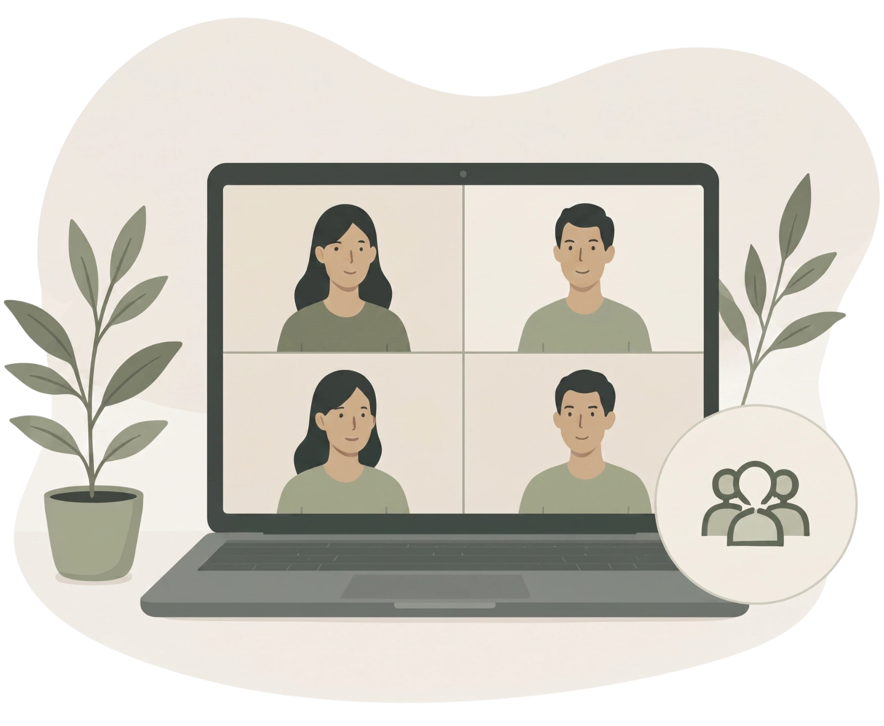 Minimalist illustration of a laptop video call with group icons and plants, representing an online mental health class.