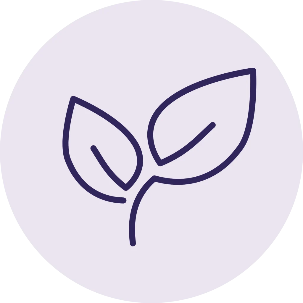 Minimalist line icon of a small plant with two leaves inside a circle, in a dark purple outline on a pale purple background.