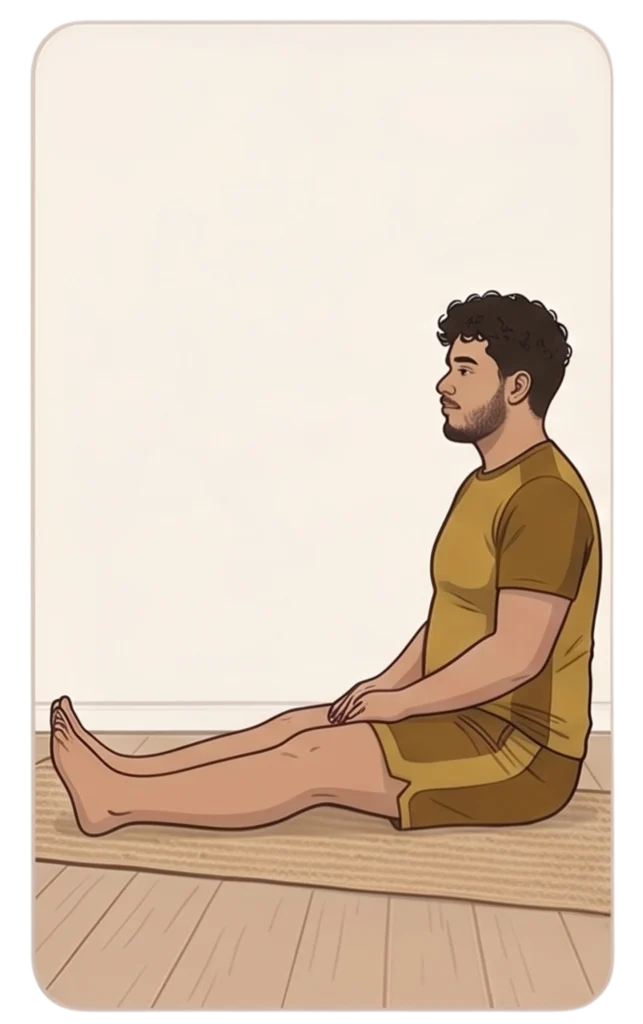 Illustration of a man sitting with straight legs and a tall spine in the staff yoga pose (Dandasana) on a mat.