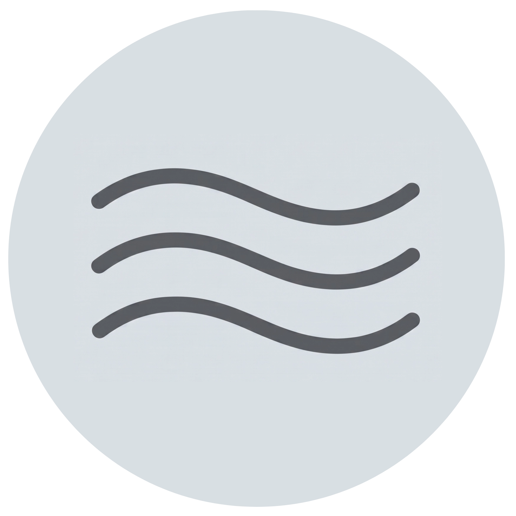 Minimalist line icon of three wavy lines, representing flow, deep breathing exercises, or a calm ocean breeze.