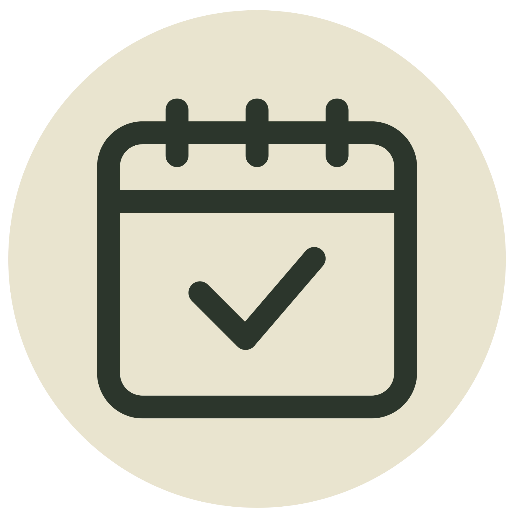 Minimalist line icon of a calendar with a checkmark on a beige circle background, representing scheduled completion or attendance.