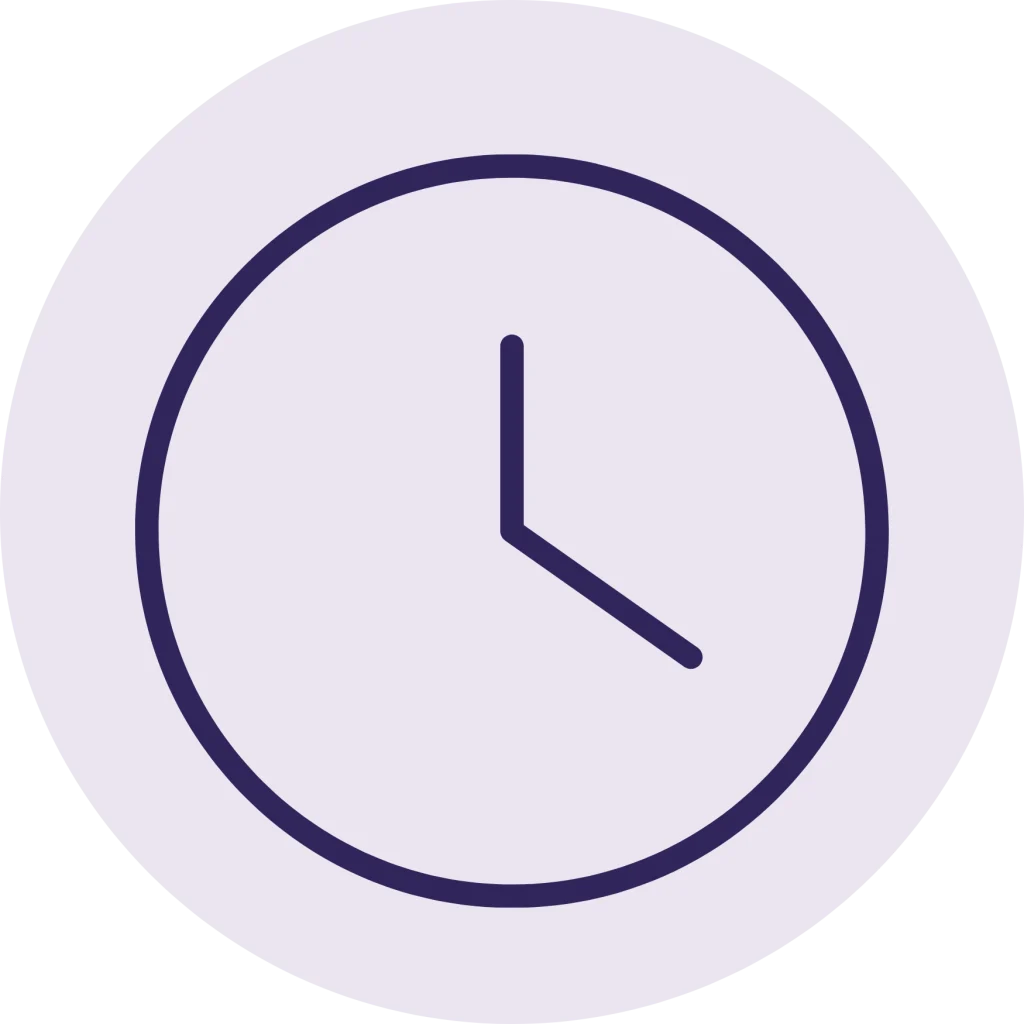 Minimalist line icon of a clock inside a circle, in a dark purple outline on a pale purple background.