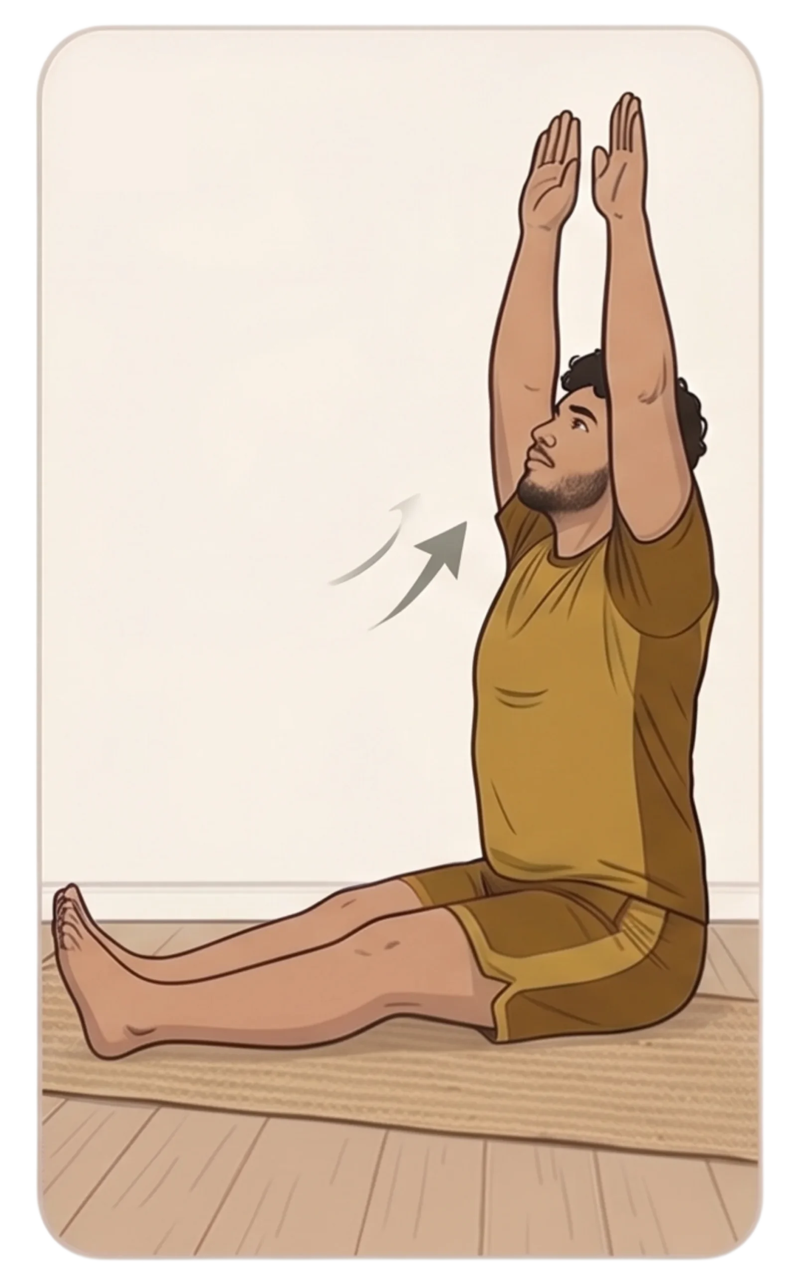 Illustration of a man in staff pose lifting his arms straight overhead, with an arrow indicating upward movement.