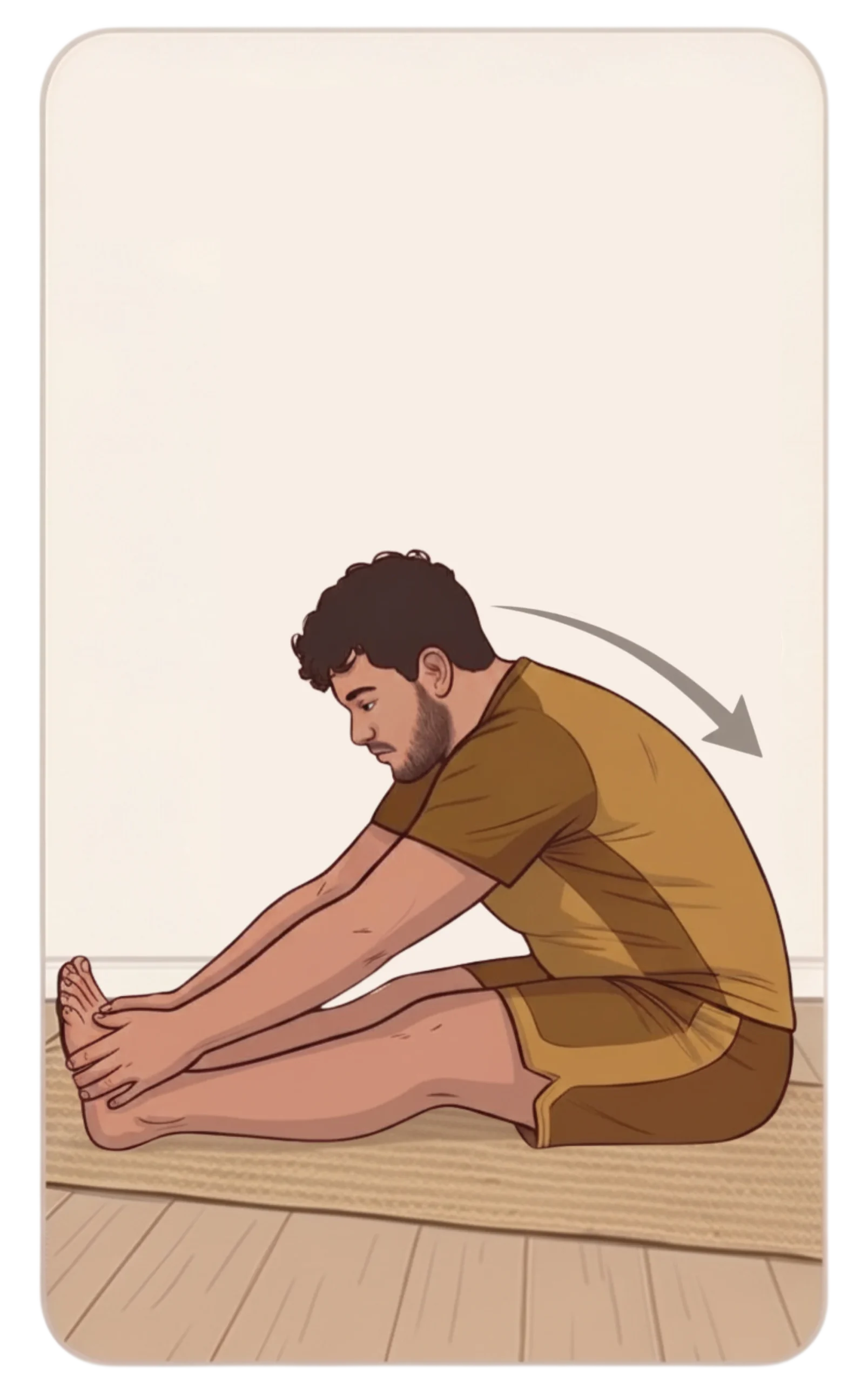 Illustration of a man in a seated forward bend yoga pose (Paschimottanasana), with an arrow showing forward movement.