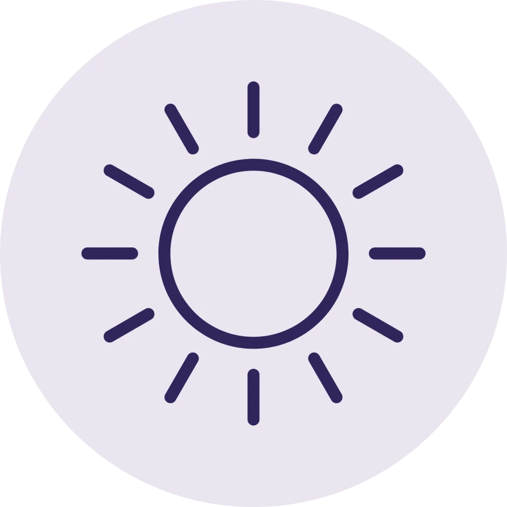 Minimalist line icon of a sun inside a circle, in a dark purple outline on a pale purple background.