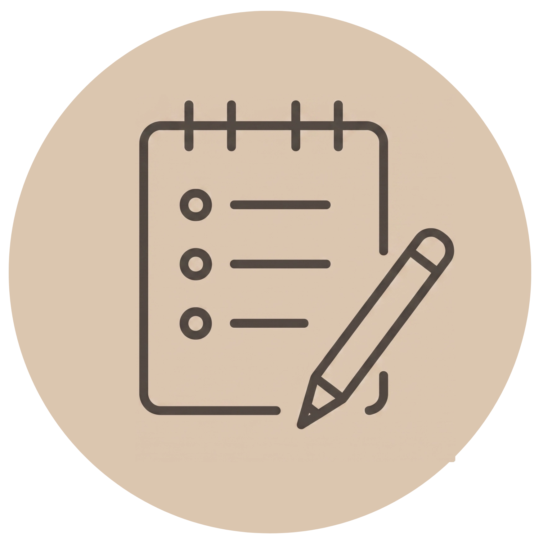 Minimalist line icon of a spiral notepad and pencil, representing checklist organization, daily journaling, or planning goals.