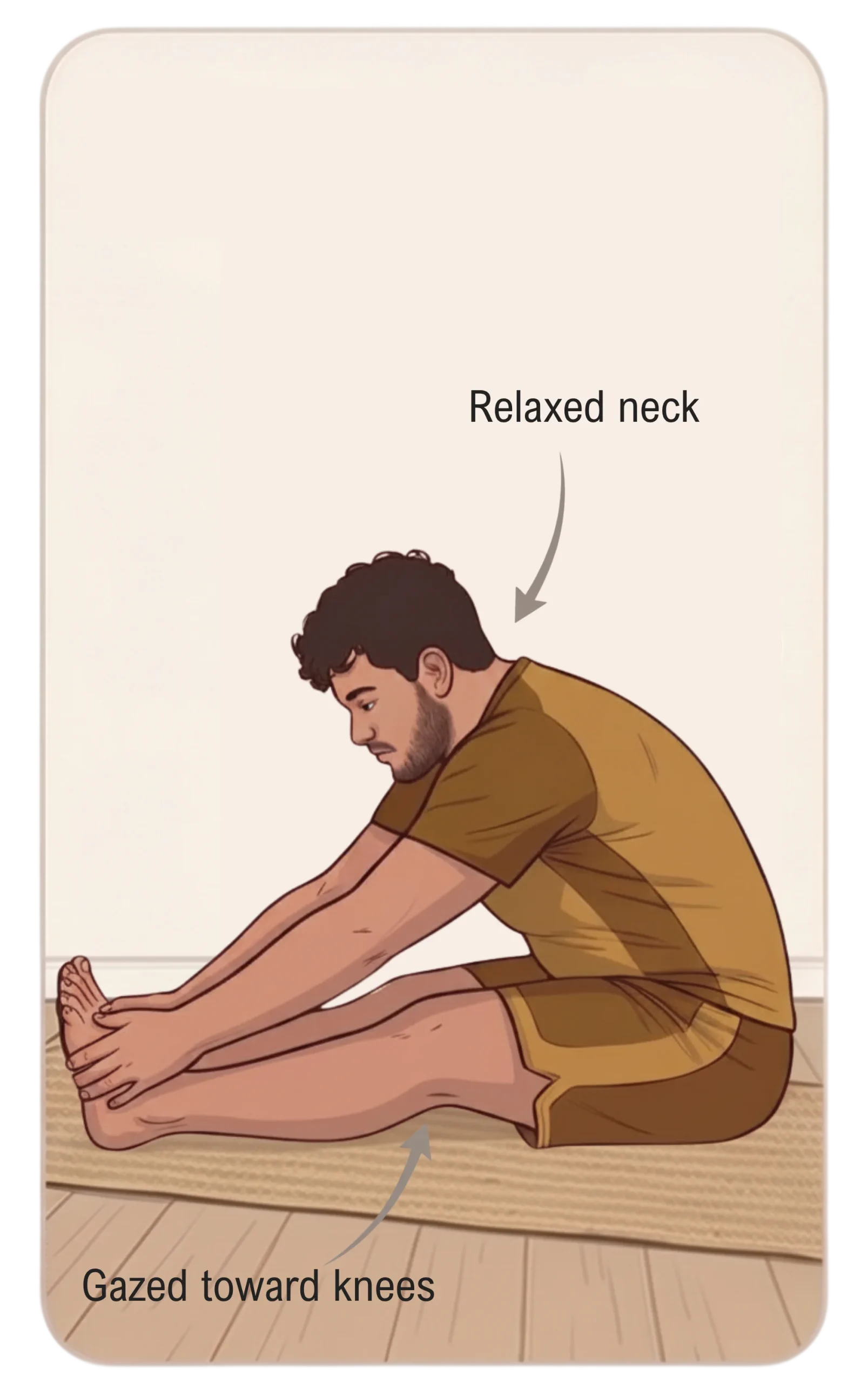 Yoga diagram of a man in a seated forward bend pose with text instructions for a relaxed neck and gaze toward knees.