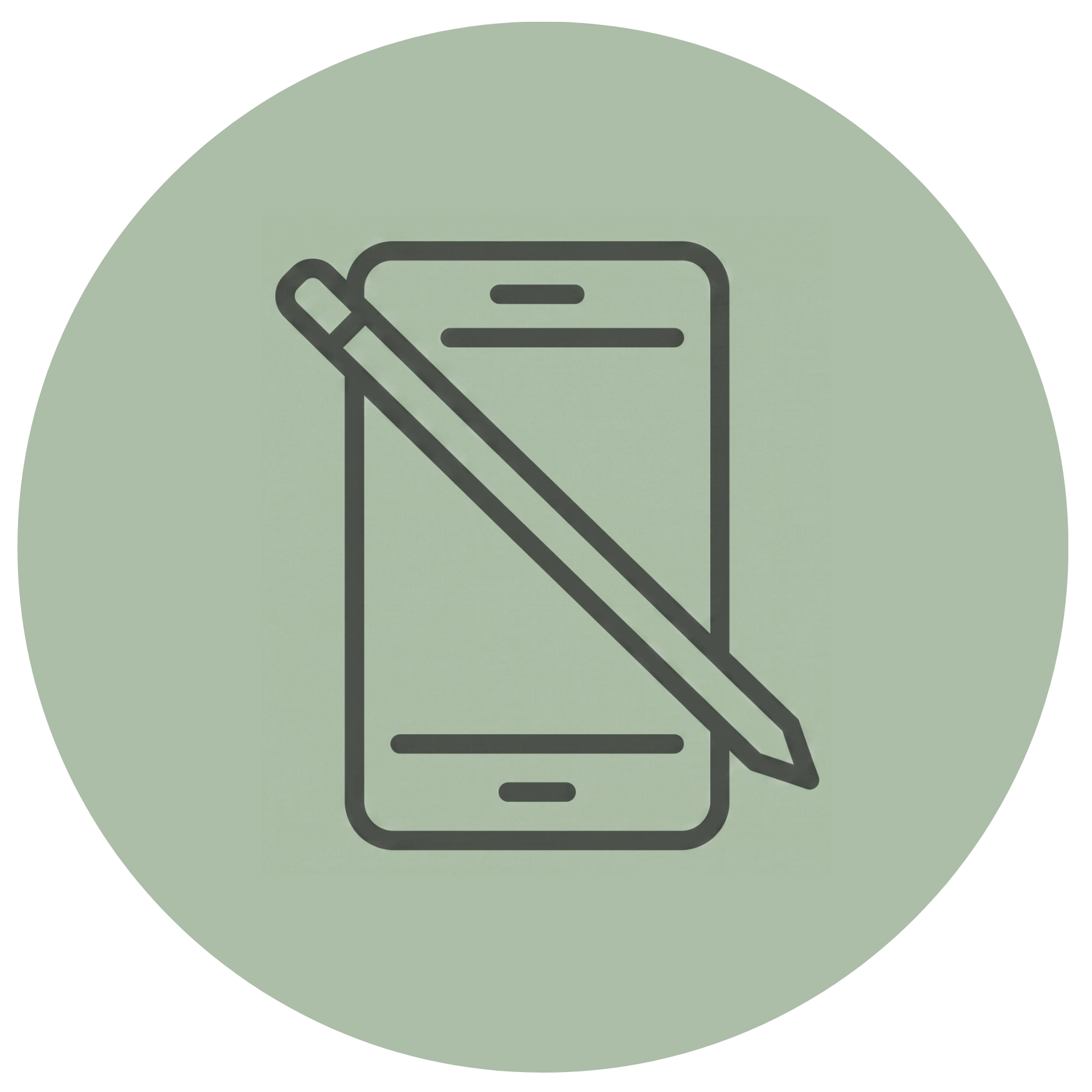 Minimalist line icon of a smartphone and stylus pen, representing digital journaling, online learning, and tracking habits.