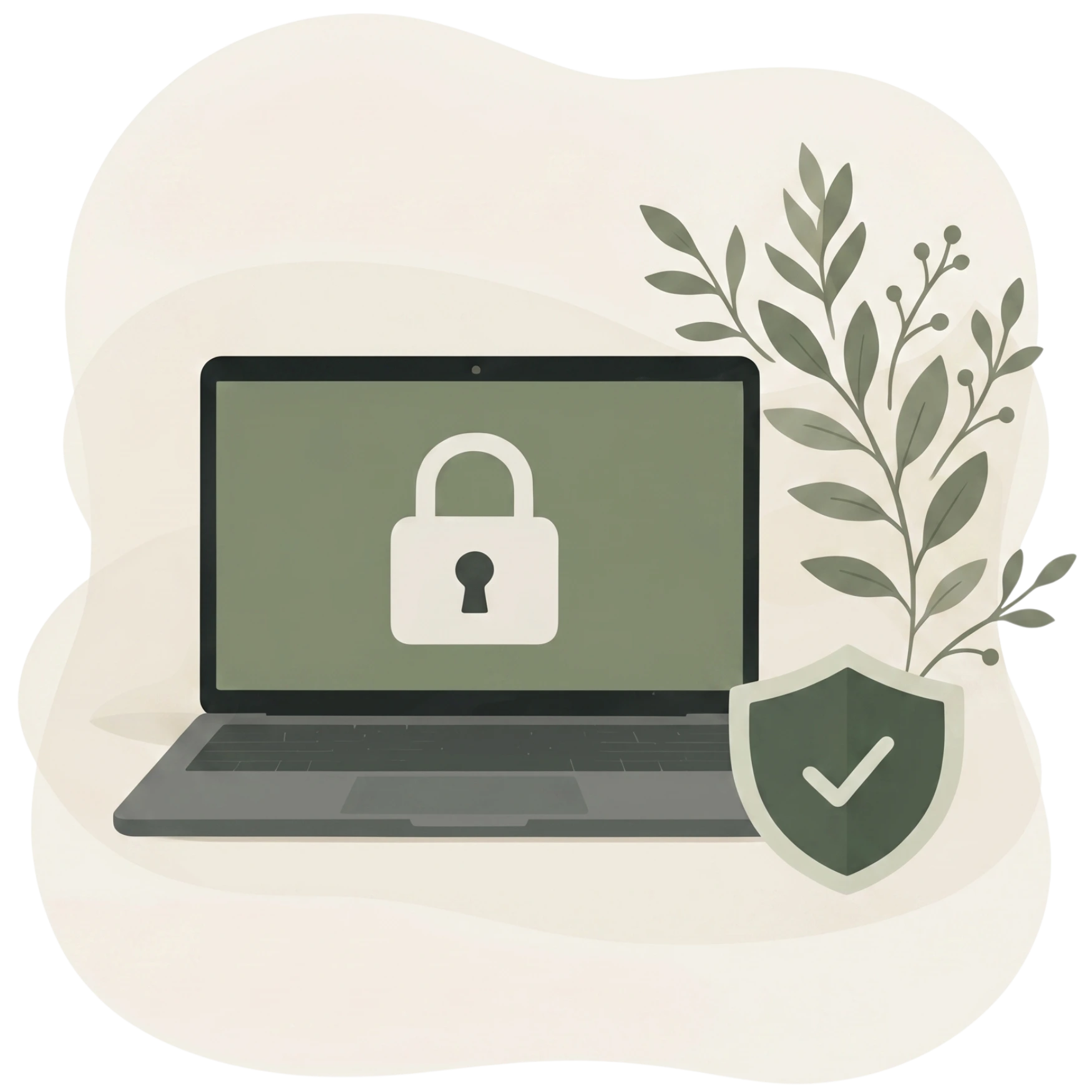 Minimalist illustration of a laptop with a padlock and shield, representing privacy for an online mental health class.