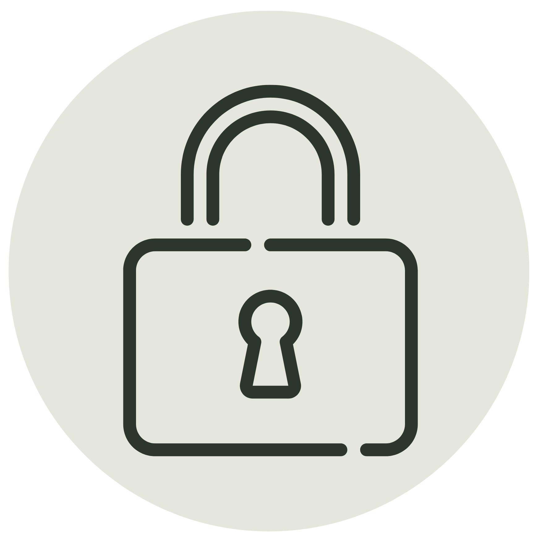 Minimalist line icon of a padlock on a light grey circle, symbolizing security, privacy, or safety.