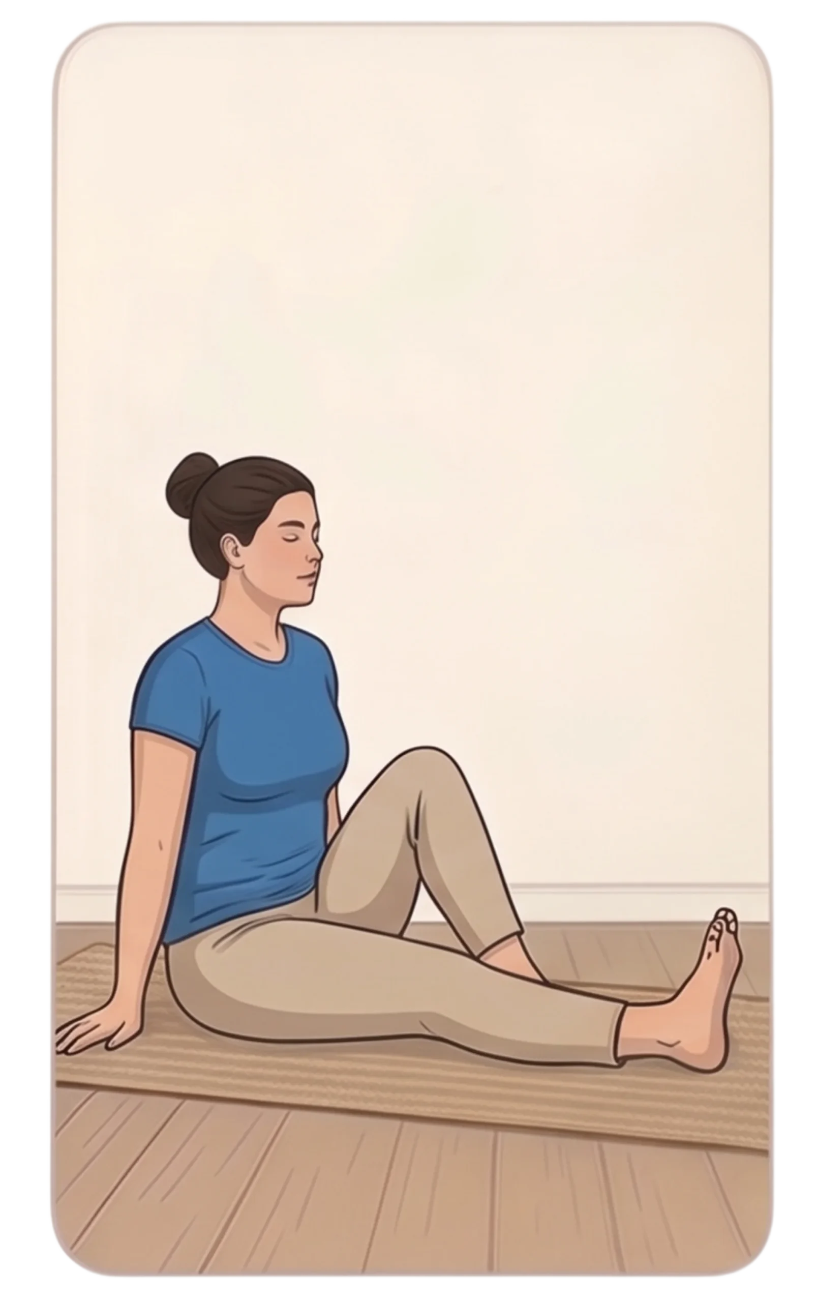 Illustration of a woman with her hair in a bun sitting on a mat with one leg extended and the other bent at the knee, preparing for a seated twist.