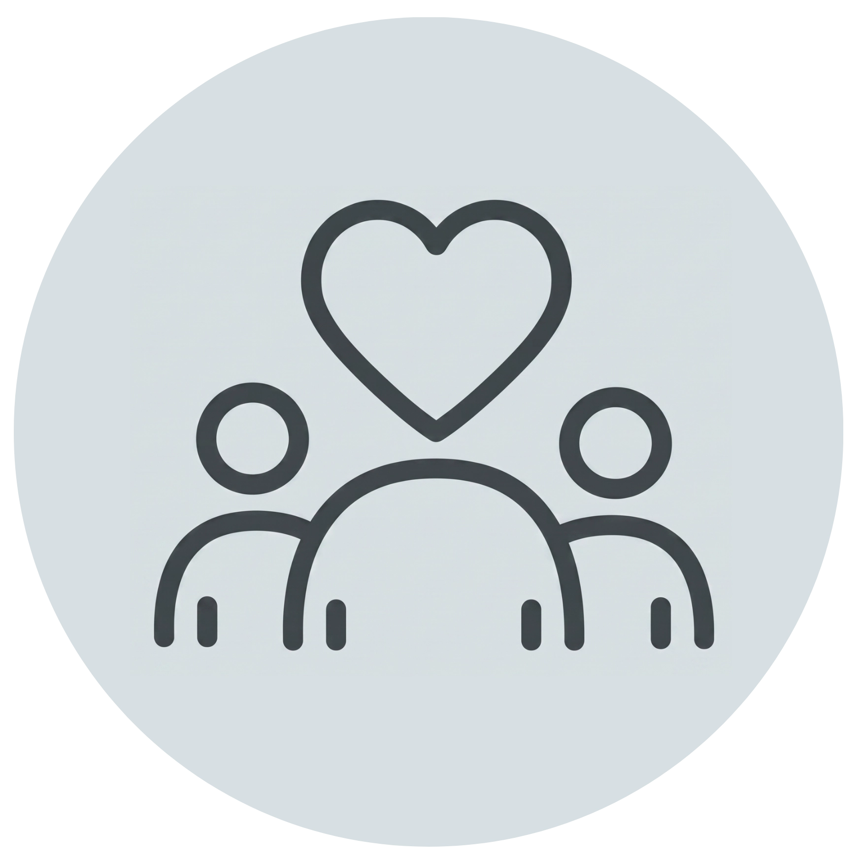 Minimalist line icon of three people with a large heart above them on a circular background, representing community support, social connections, and relationship wellness.