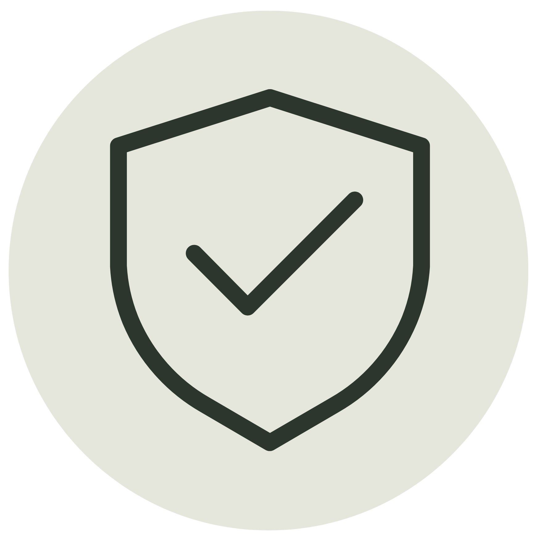 Minimalist line icon of a shield containing a checkmark on a light grey circle, symbolizing verified safety or protection.